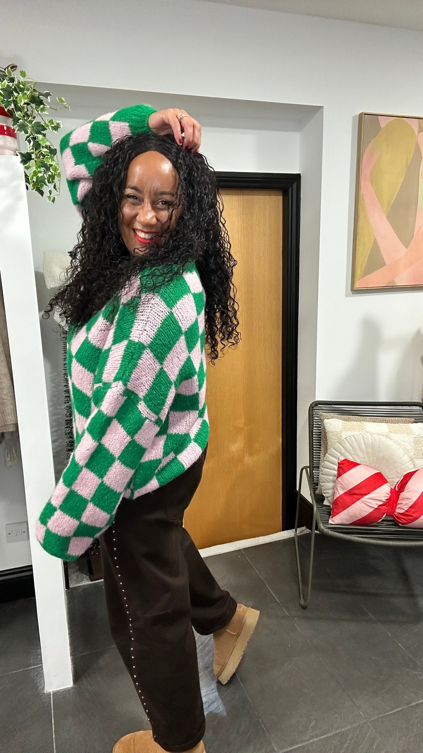 CHECKERBOARD KNIT GREEN & PINK *New