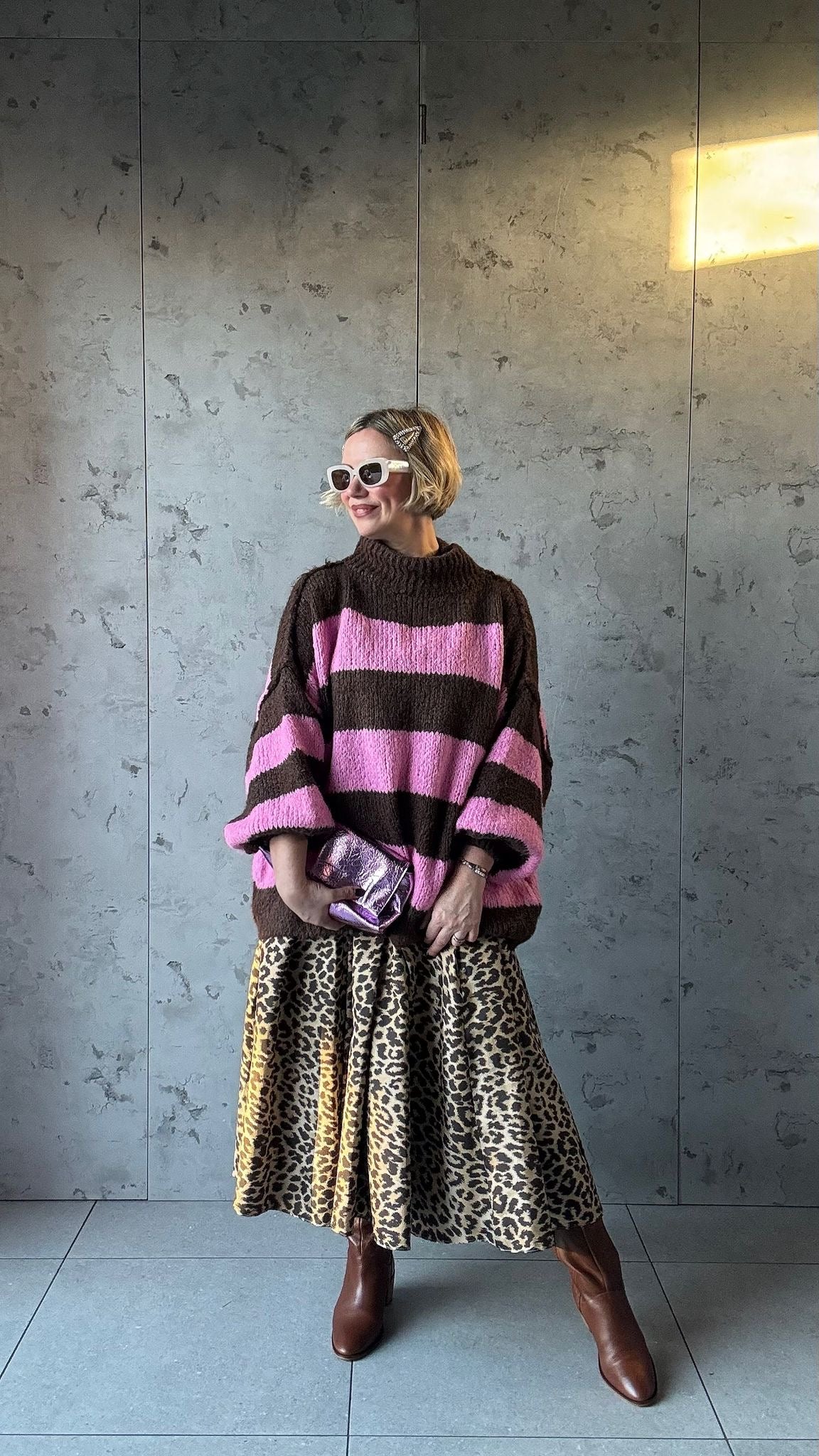 ALEX STRIPED RAW EDGE BALLOON SLEEVED JUMPER RASPBERRY TRUFFLE PINK & CHOCOLATE *New