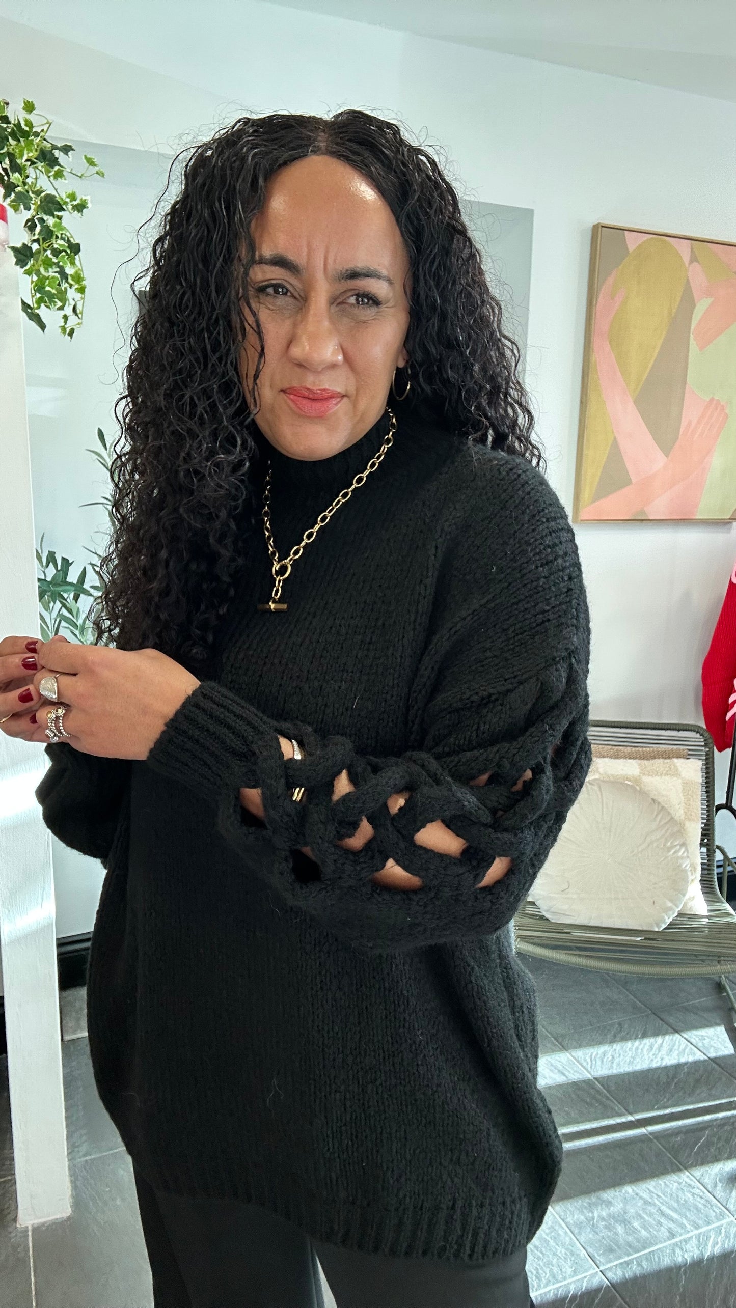 CUT OUT BALLOON SLEEVED OVERSIZED JUMPER CLASSIC BLACK *New