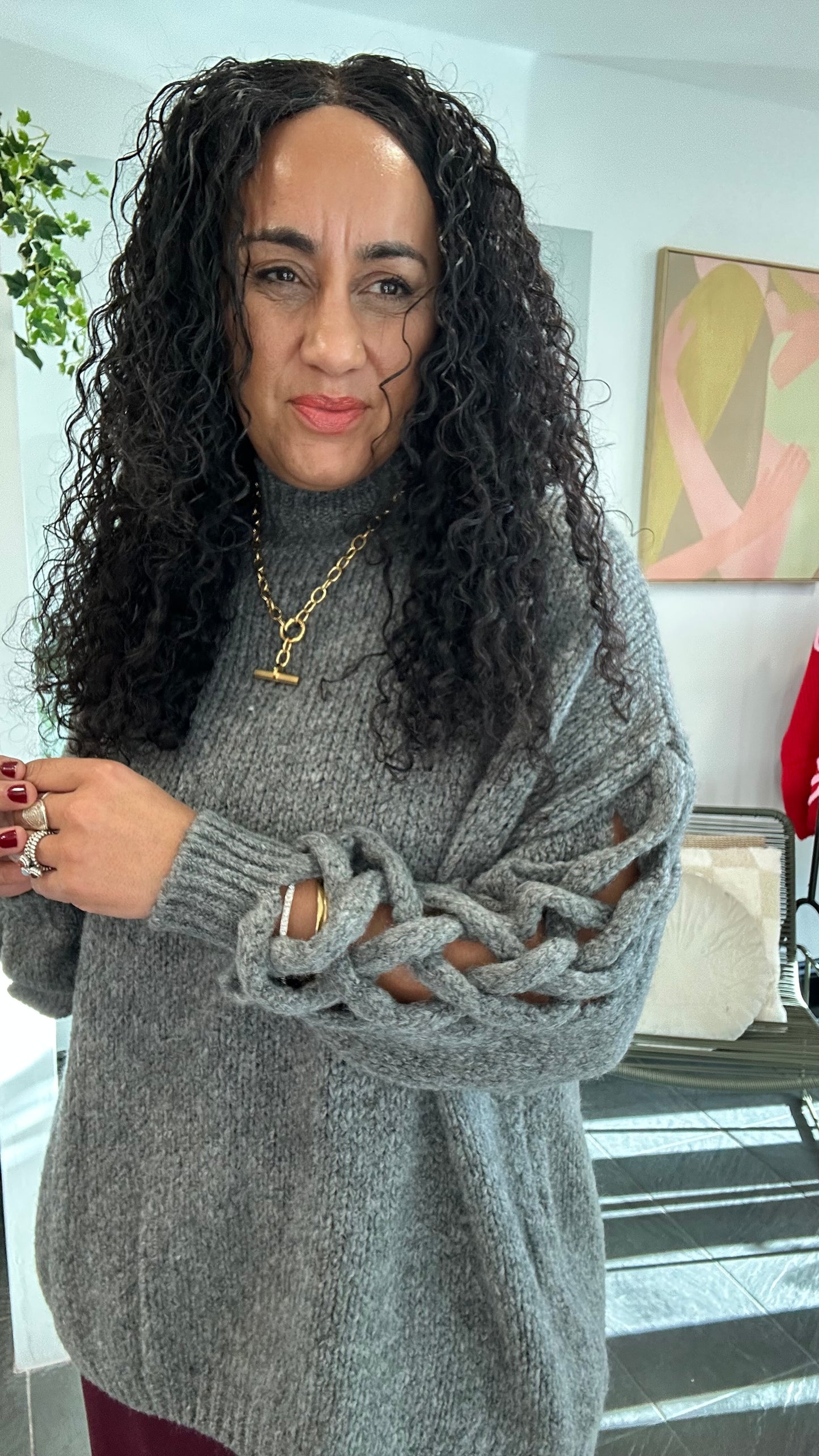 CUT OUT BALLOON SLEEVED OVERSIZED JUMPER HEATHER GREY *New