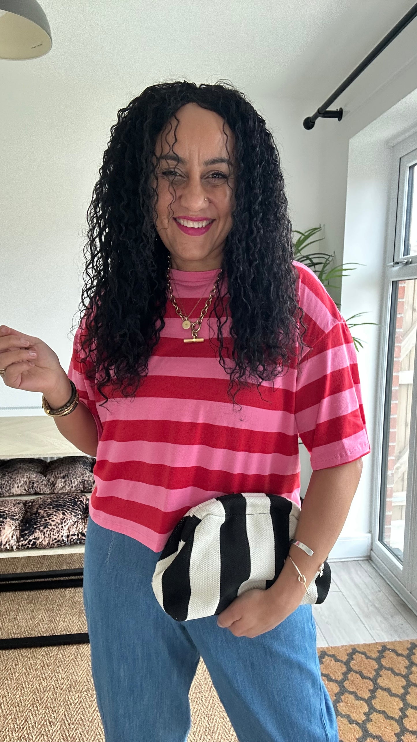 BOLD STRIPE RELAXED T SHIRT RED & PINK *New