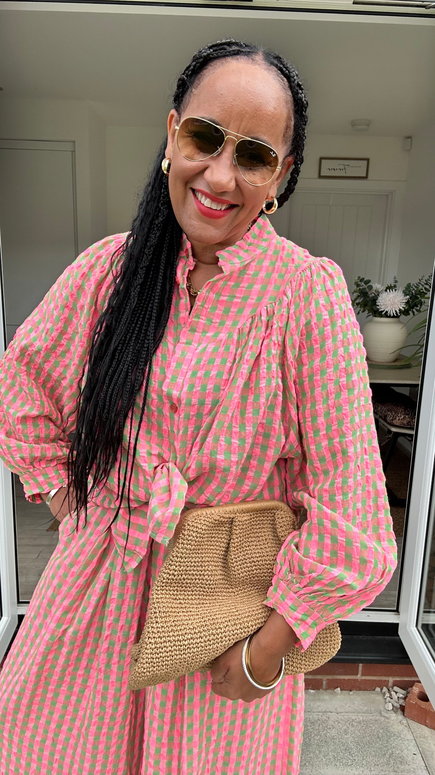 IBIZA PERRIE GINGHAM BLOUSE GREEN & PINK *New