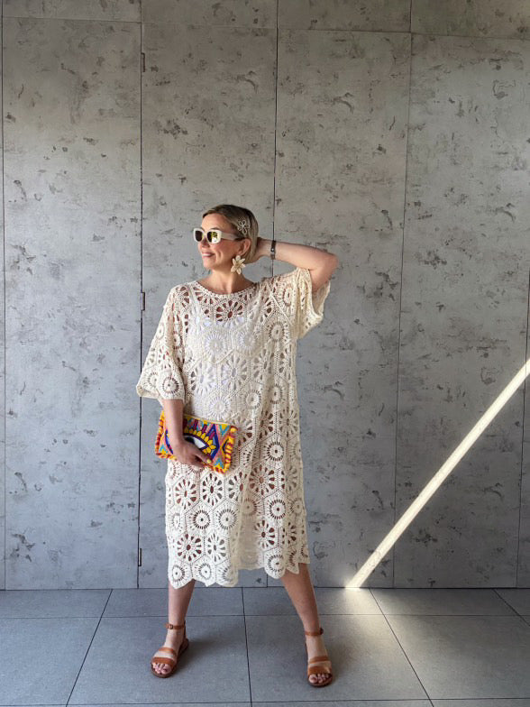 CLEO CROCHET SHORT SLEEVED DRESS IVORY *New