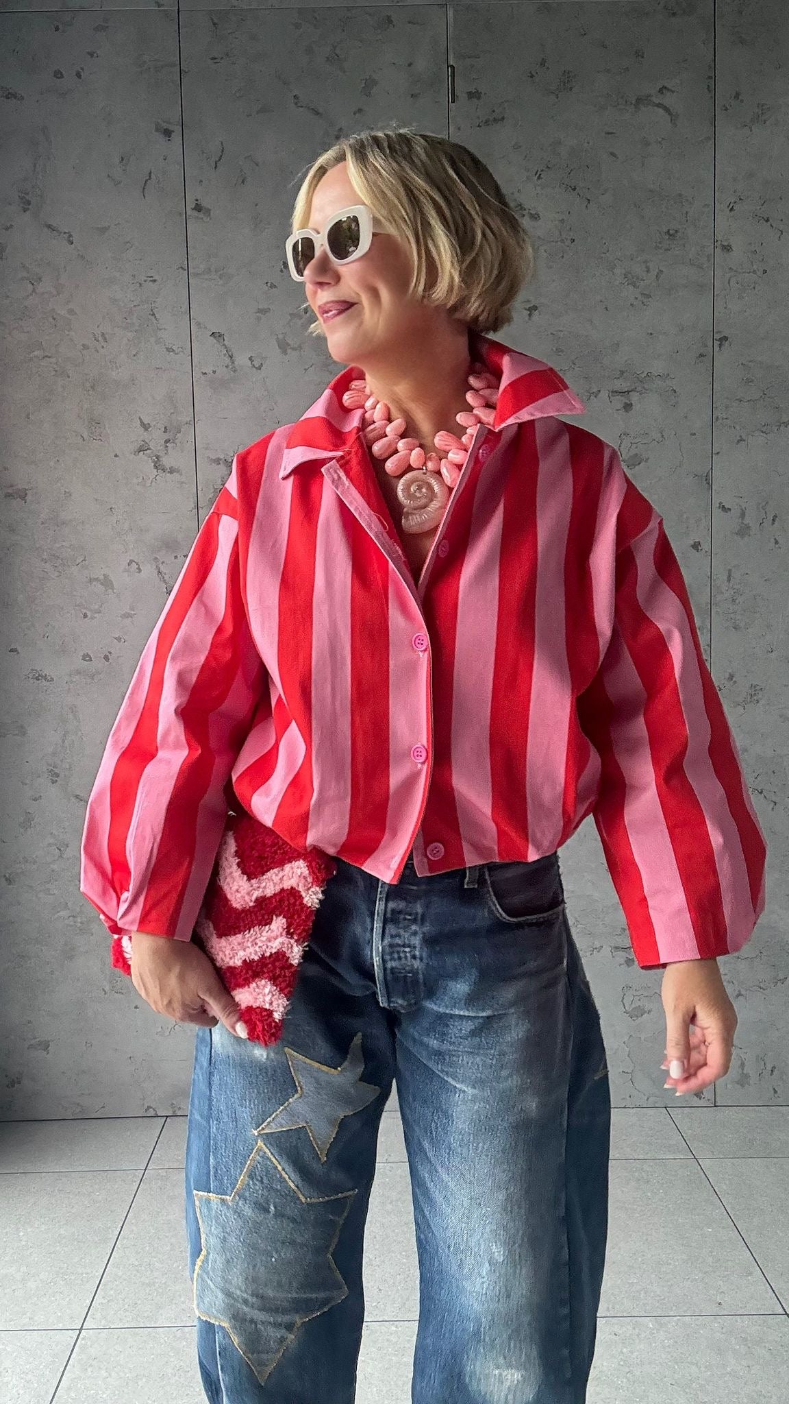CANDY STRIPE DENIM JACKET PINK & RED *New