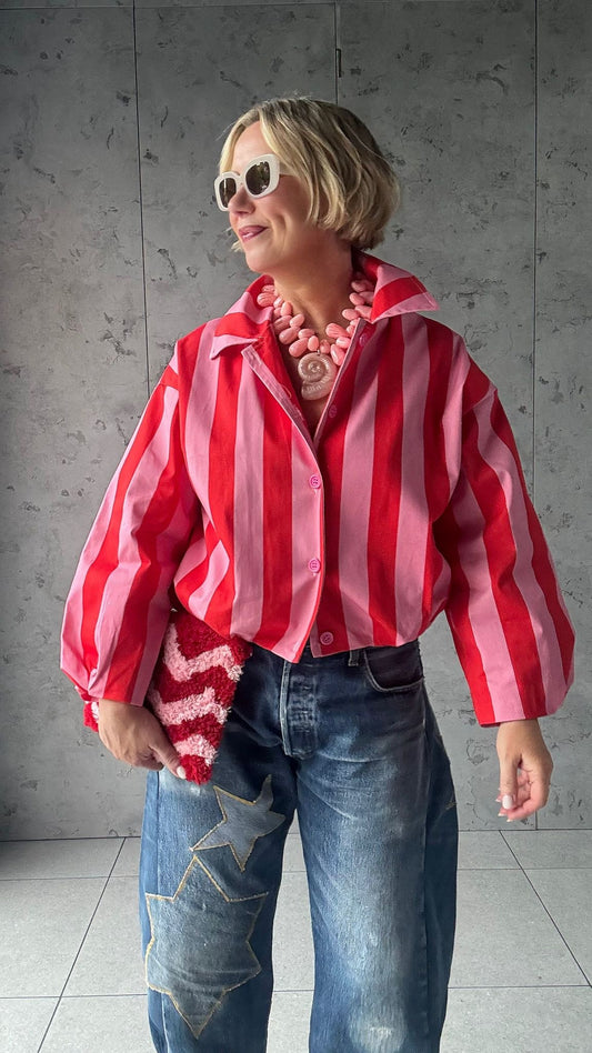 CANDY STRIPE DENIM JACKET PINK & RED *New