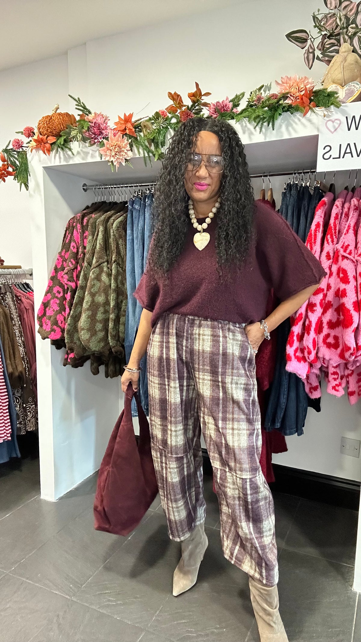 COSIMA PLAID TROUSERS PLUM *New