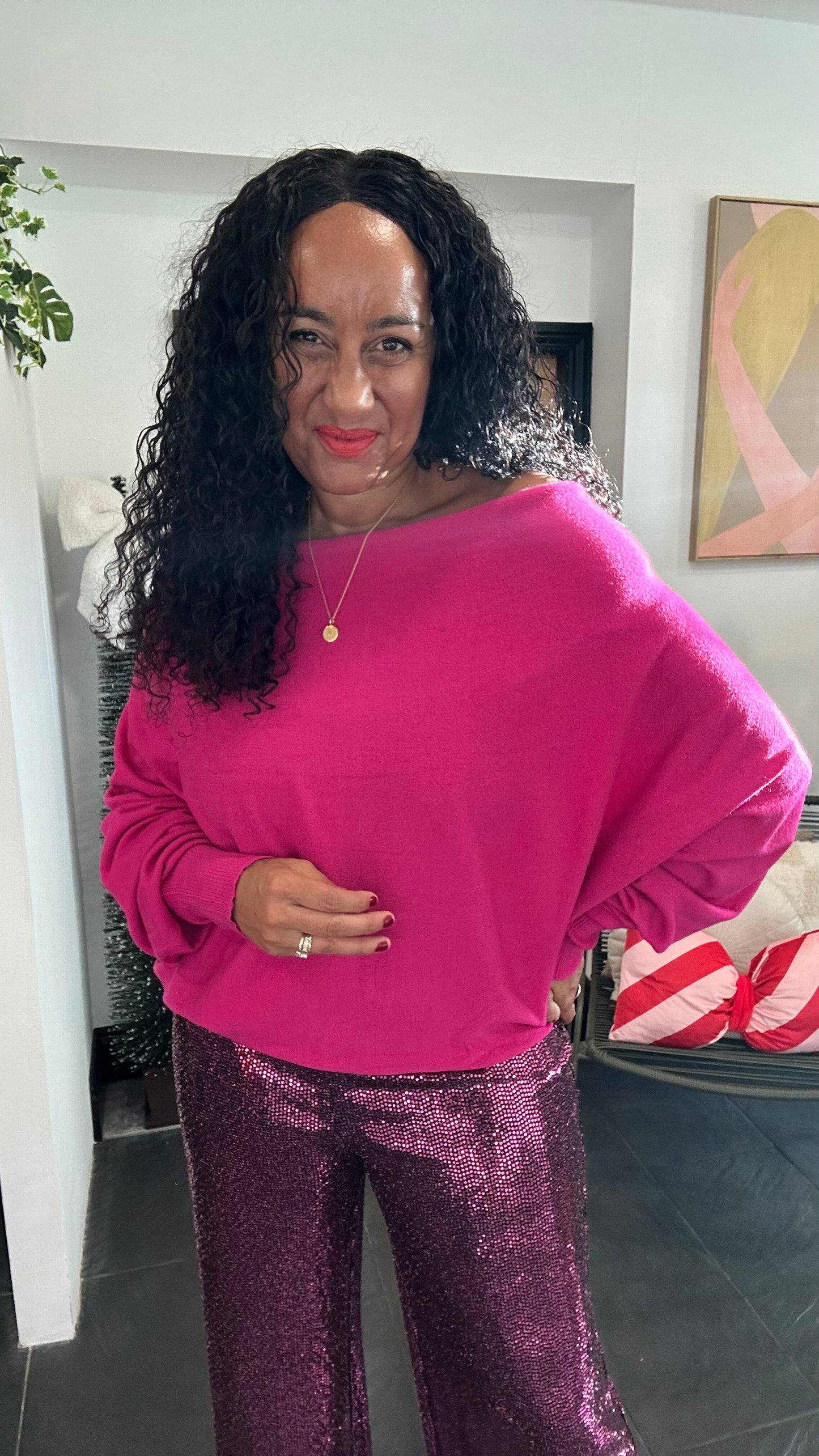 MULTIFUNCTIONAL BUTTON BACK BATWING TOP FUCHSIA PINK *New