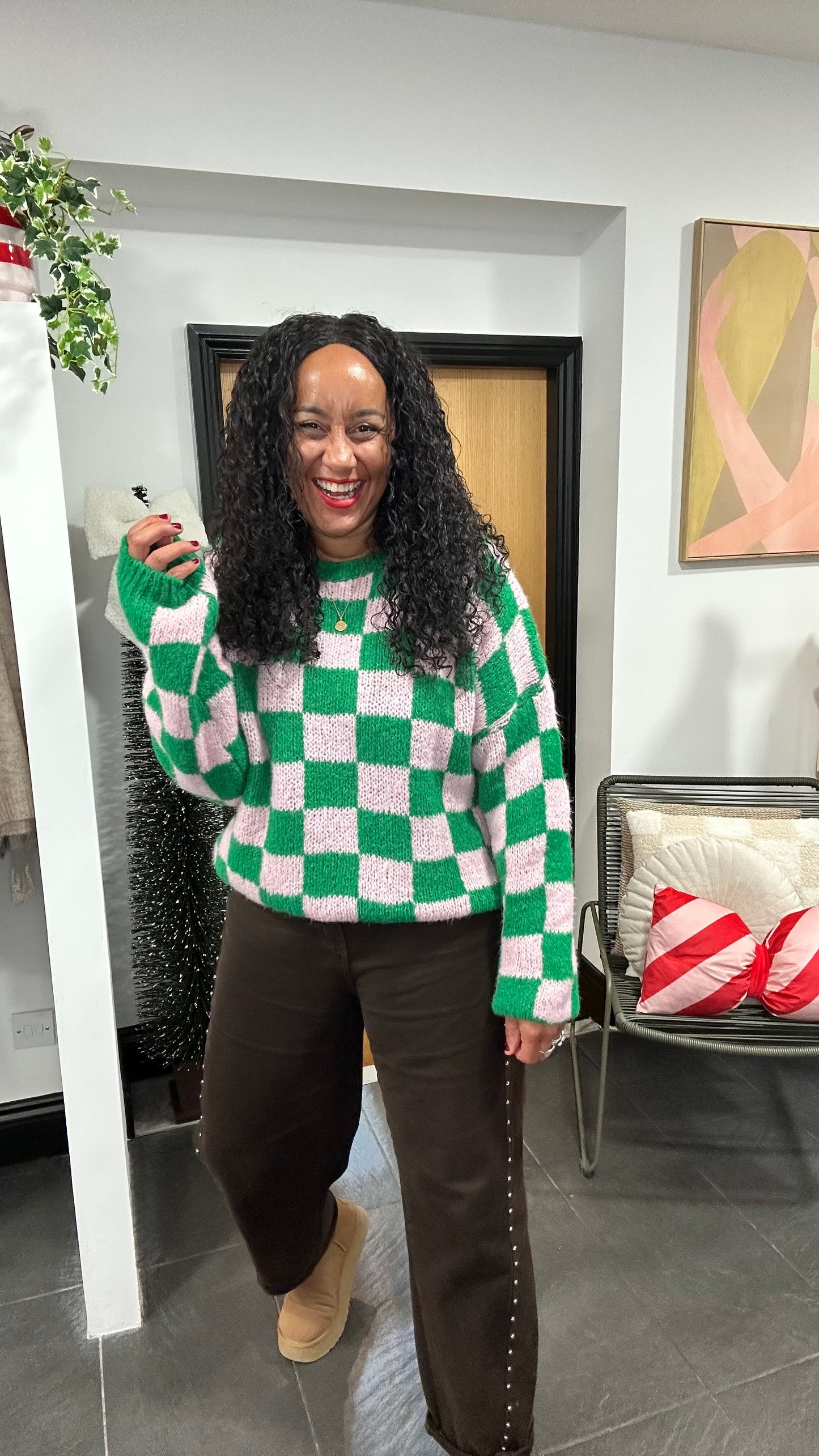 CHECKERBOARD KNIT GREEN & PINK *New