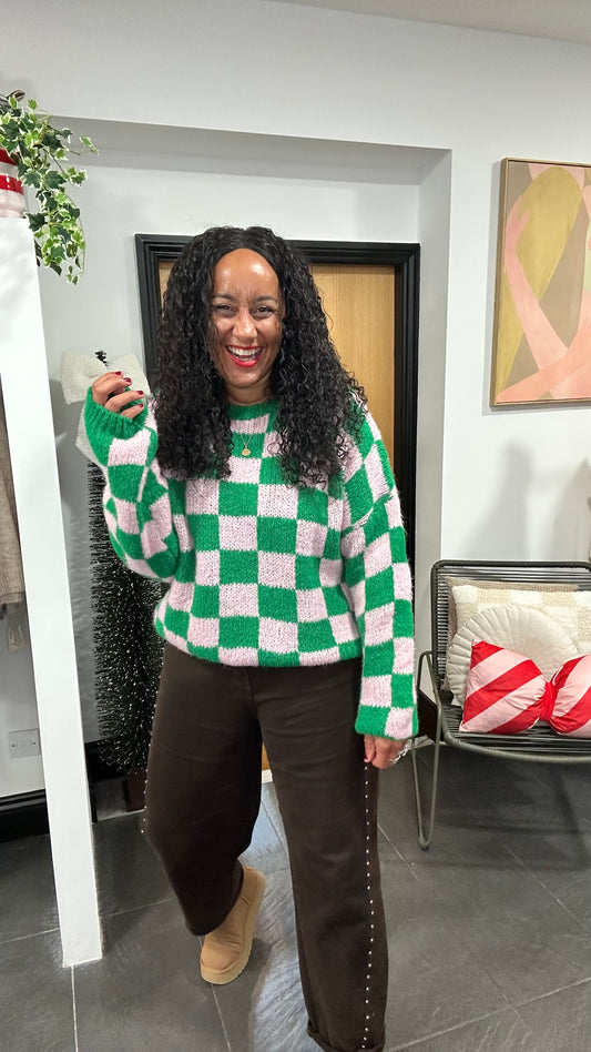 CHECKERBOARD KNIT GREEN & PINK *New