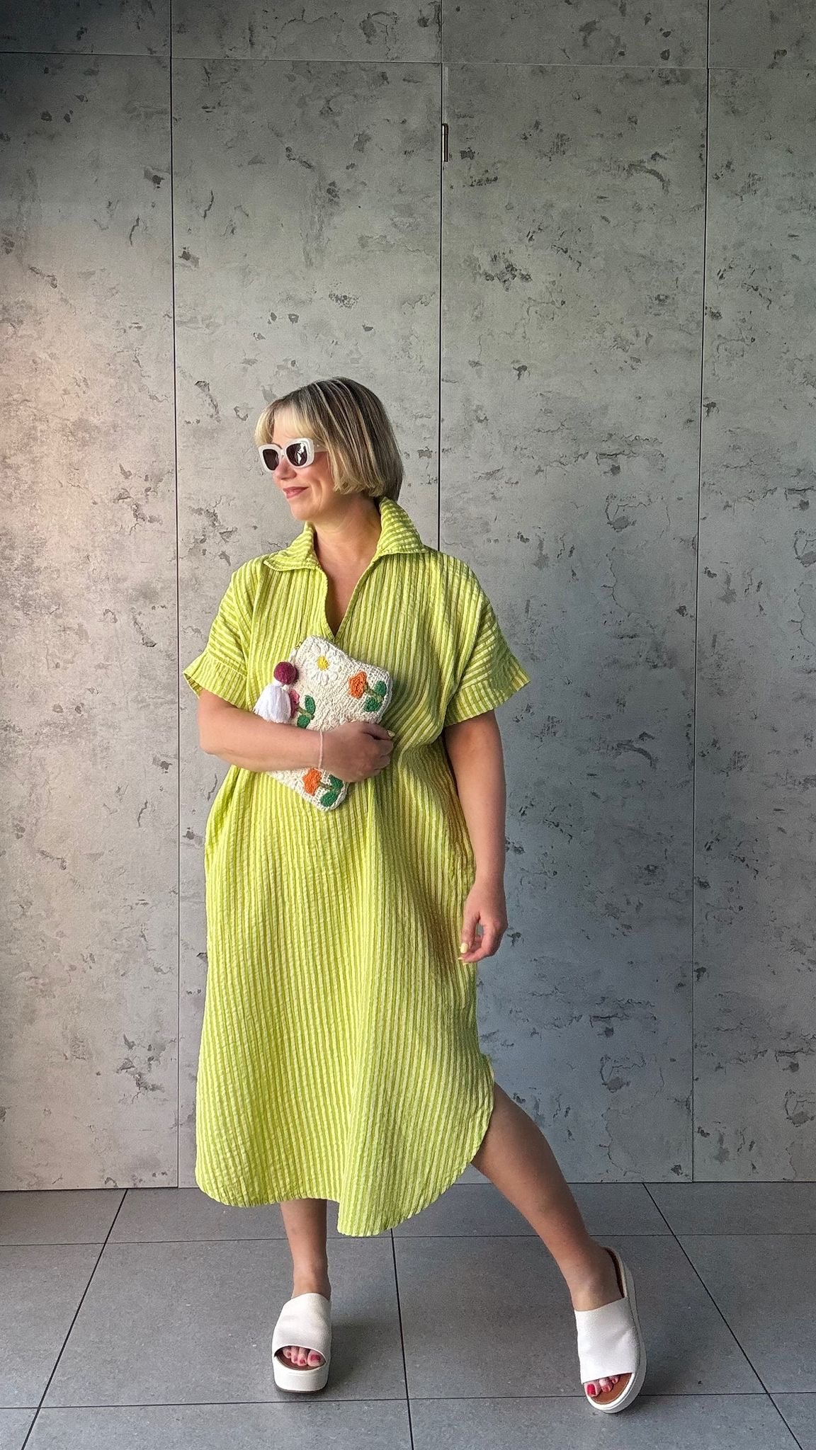 SALE TAYO STRIPED TUNIC DRESS LIME GREEN