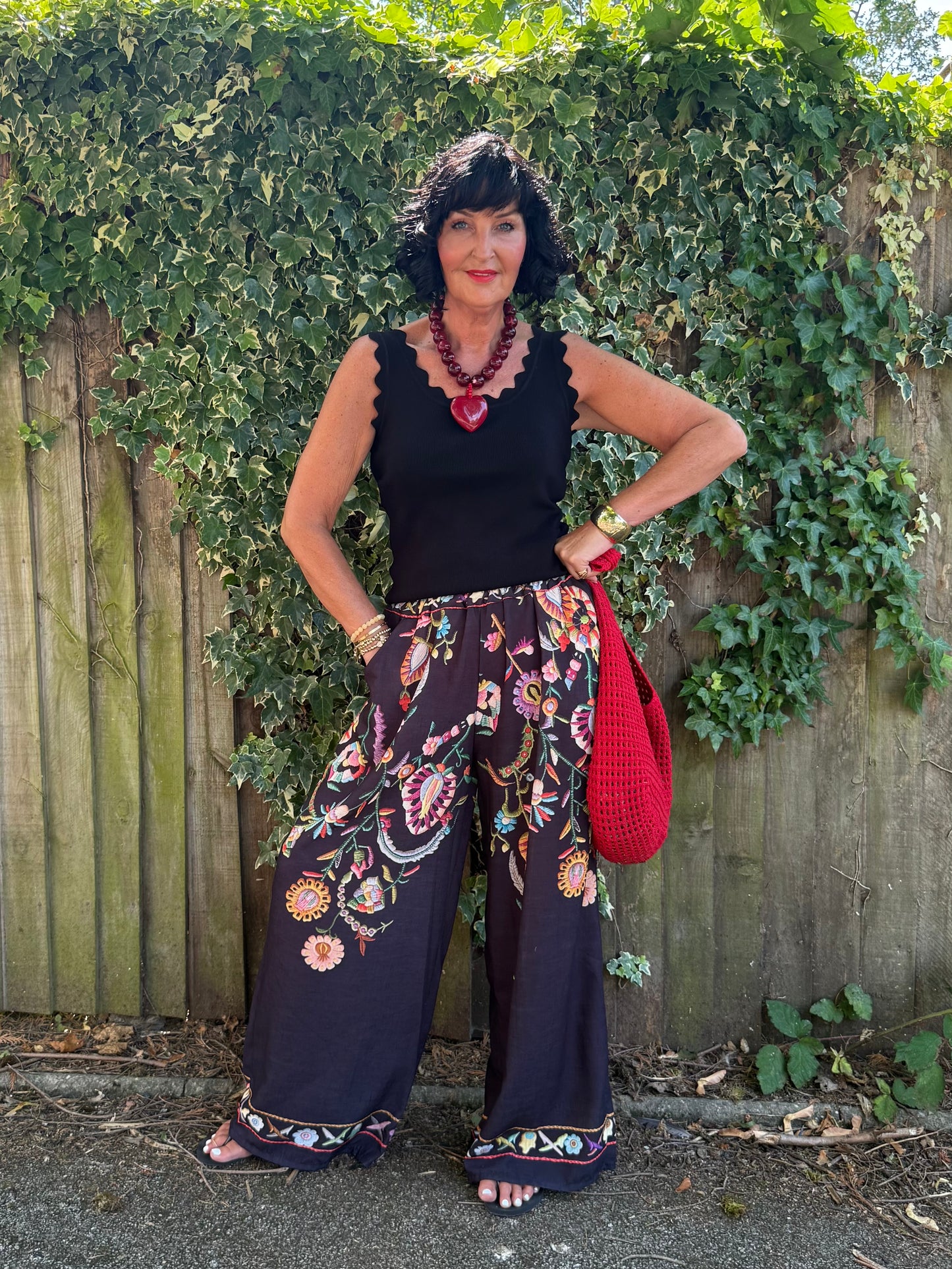 CLEO LASER EMBROIDERED FLORAL BOHO WIDE LEG TROUSERS BLACK *New