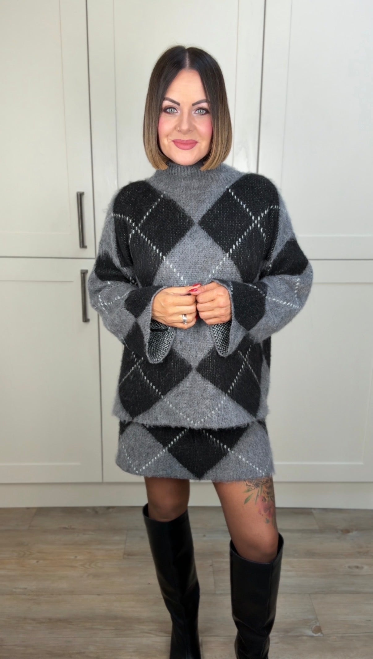 LUNA ARGLE KNIT JUMPER & SKIRT SET GREY & BLACK *New