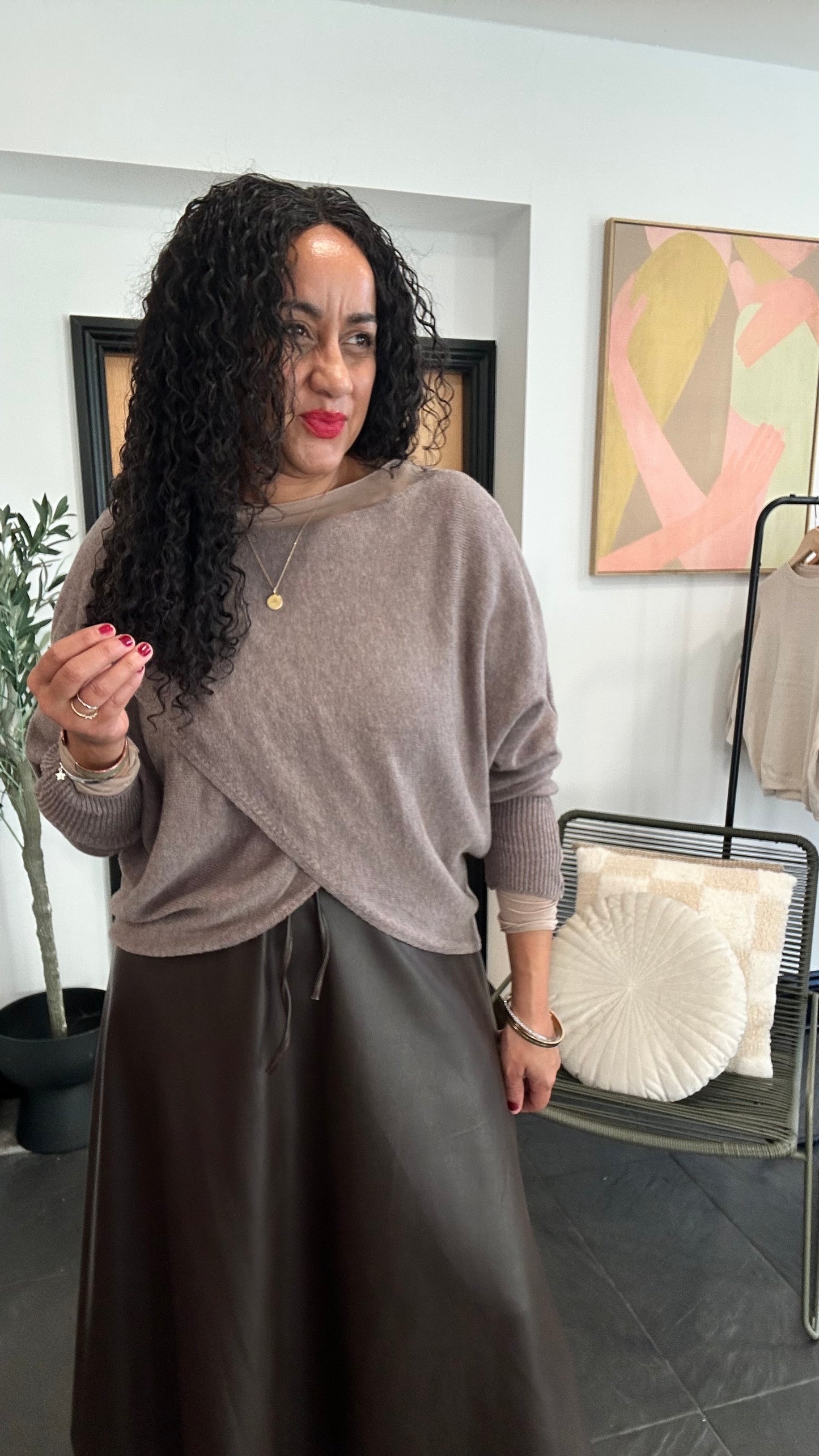 MABLE FRONT CROSS WRAP JUMPER LATTE BROWN  *New