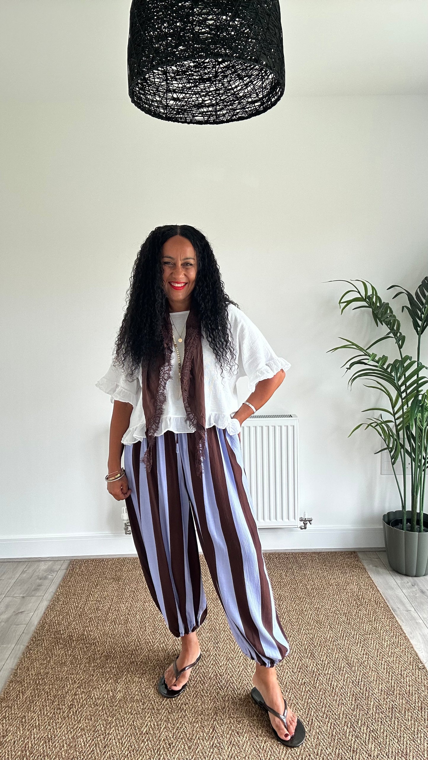 STRIPE BALLOON TROUSERS POWDER BLUE & BROWN *New
