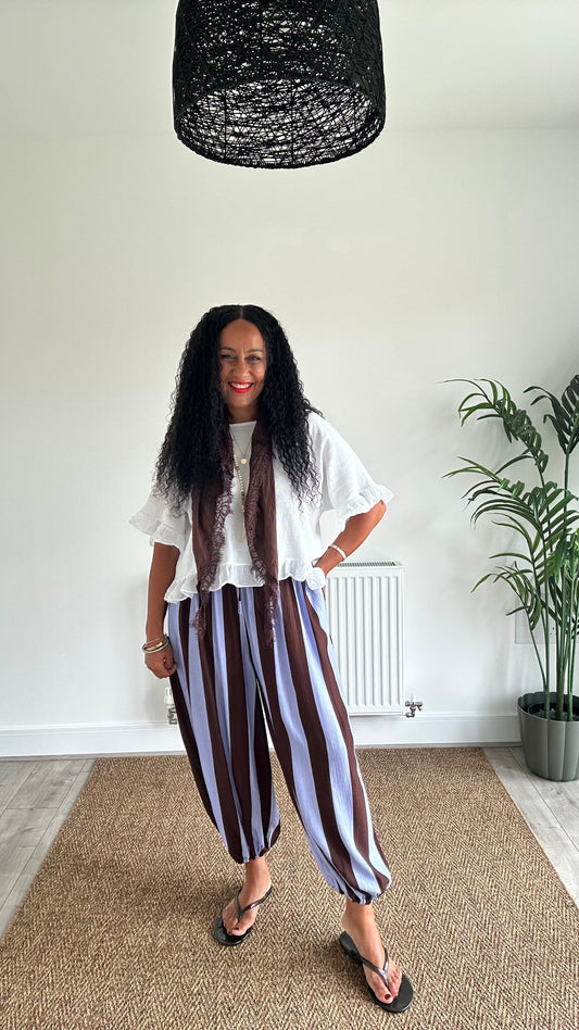 SOFIA STRIPE BALLOON TROUSERS POWDER BLUE & BROWN *New