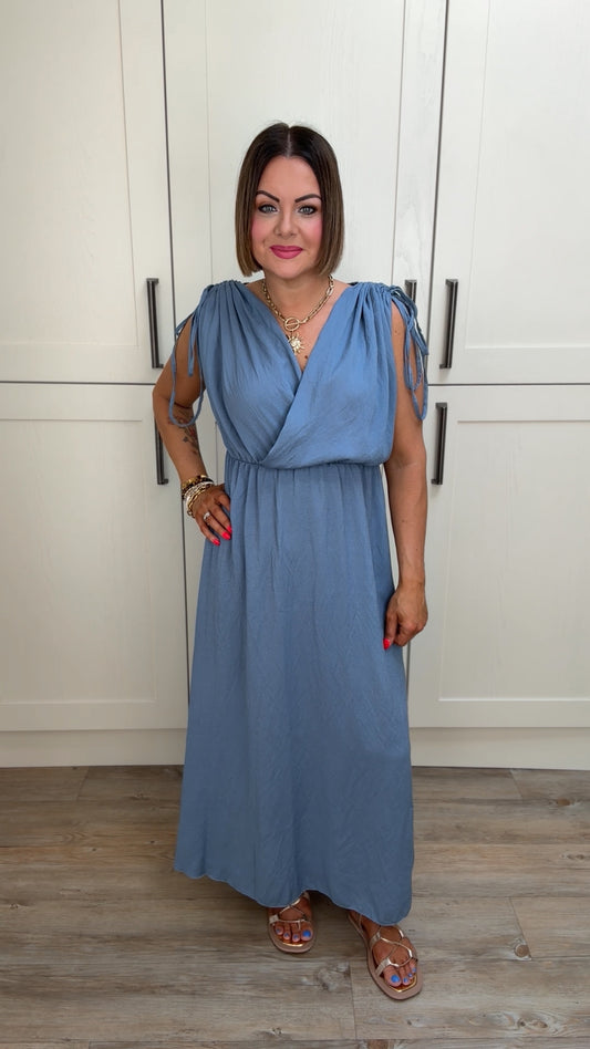 CASSANDRA WRAP FRONT DRESS DENIM BLUE *New