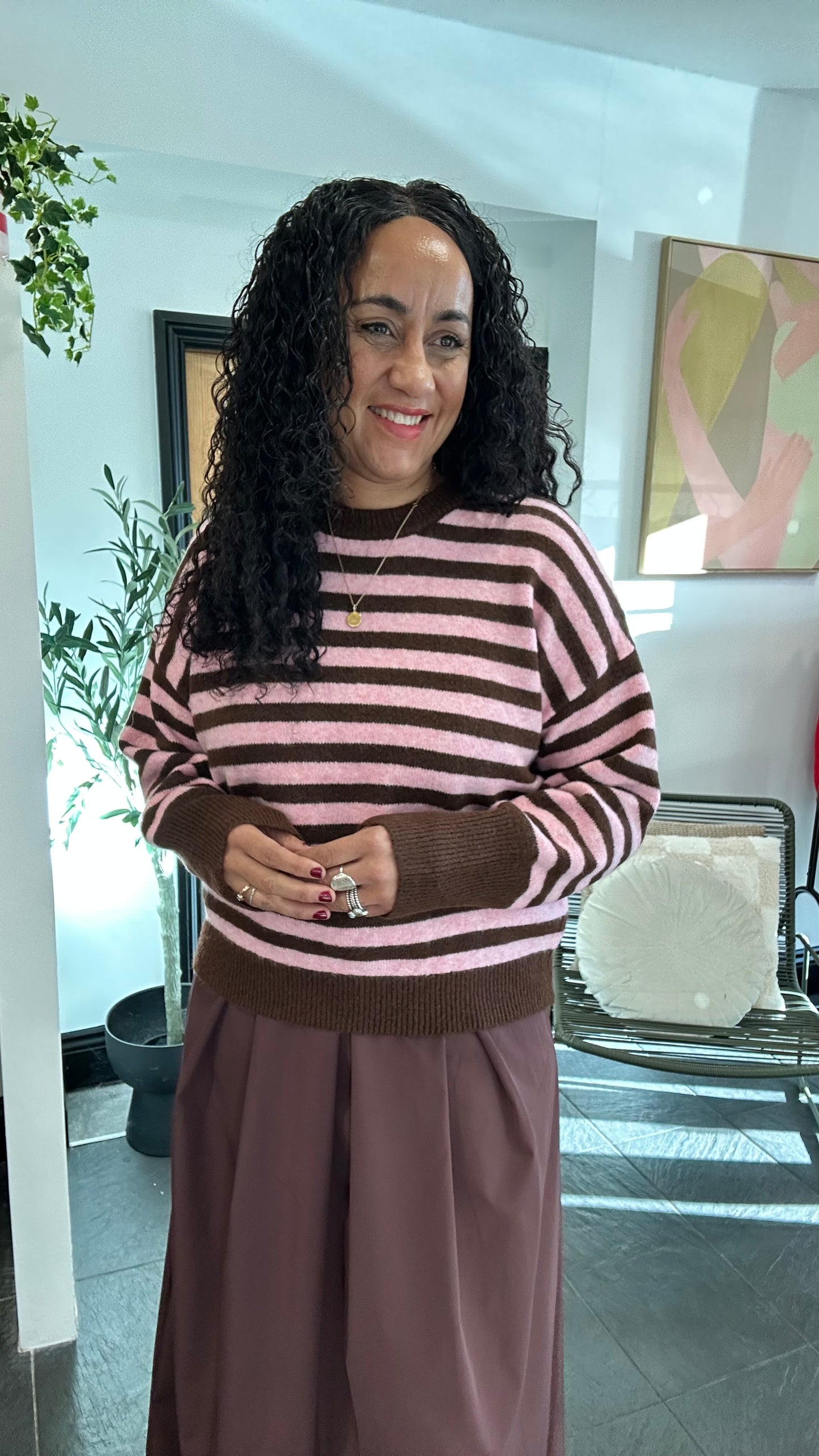 OWEN CHOCOLATE POWDER PINK STRIPED KNIT SWEATER *New