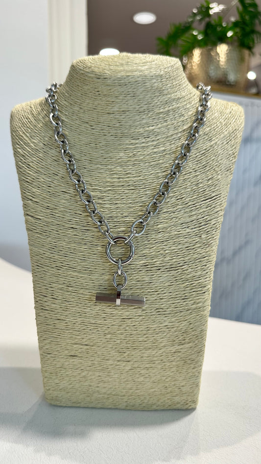 LUXURIOUS T-BAR LINK NECKLACE CHAIN SILVER