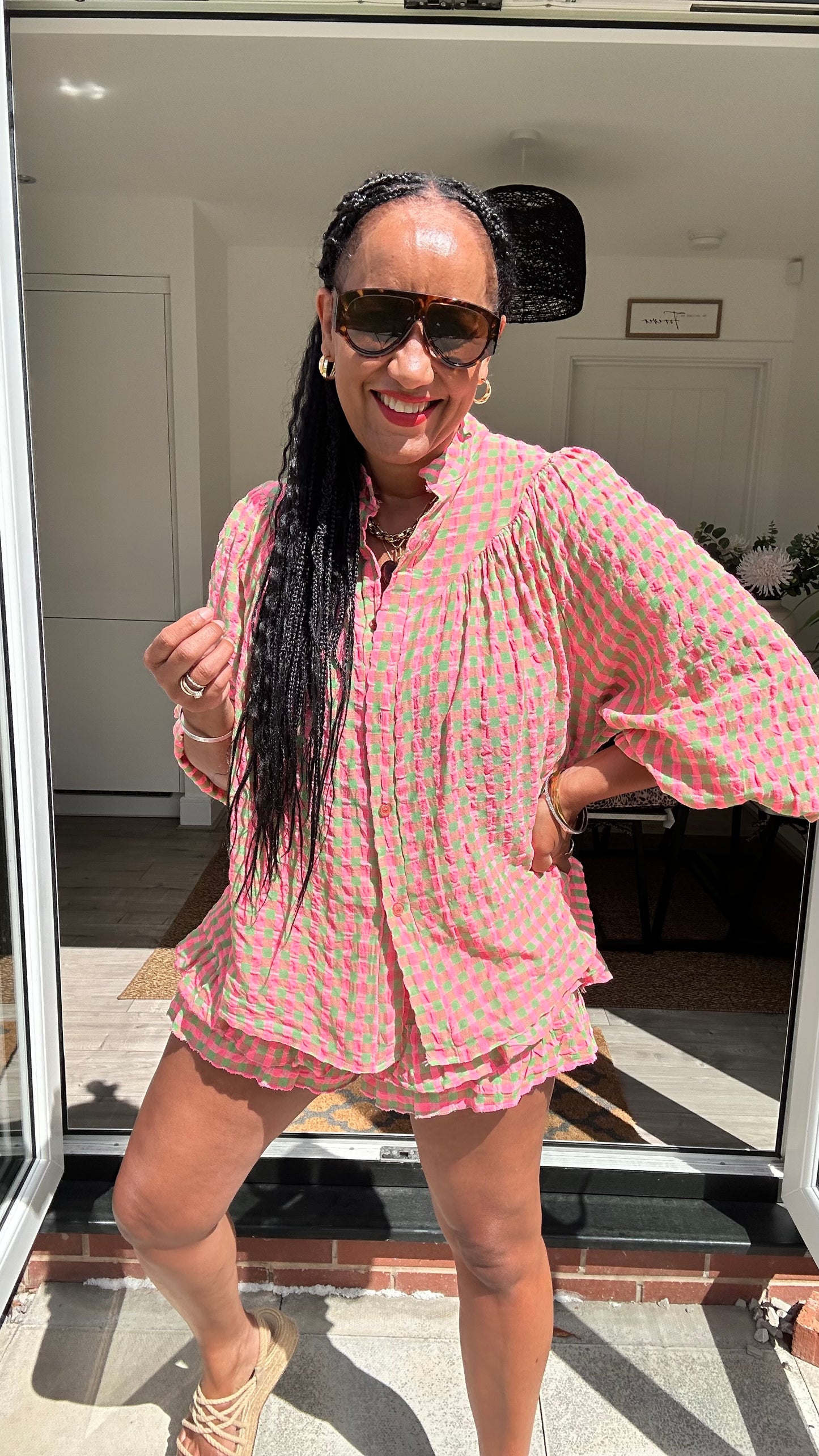 IBIZA PERRIE GINGHAM BLOUSE GREEN & PINK *New