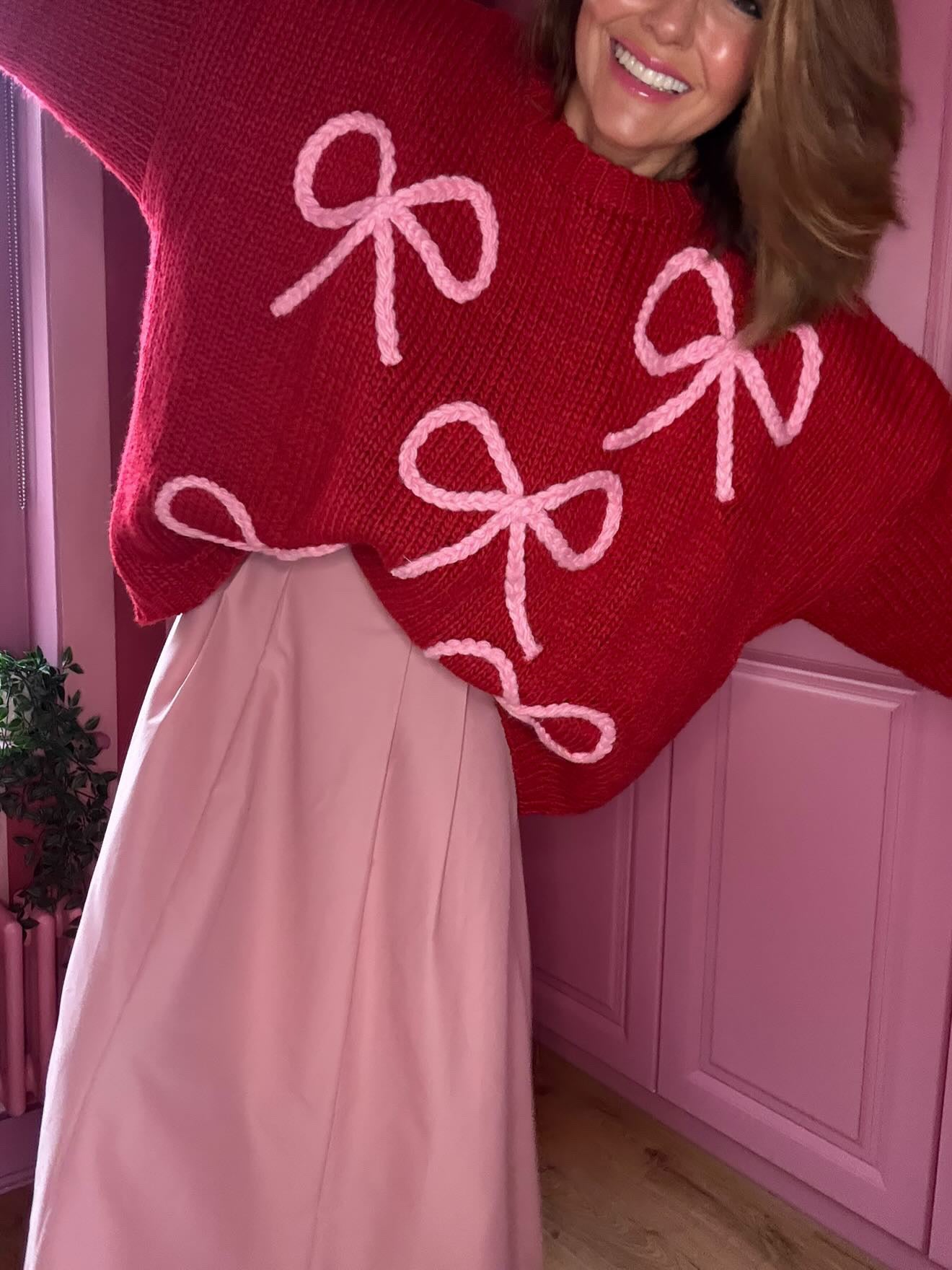 ALEX RIBBON BOW 🎀 OVERSIZED JUMPER CHERRY RED & PINK BOWS *New
