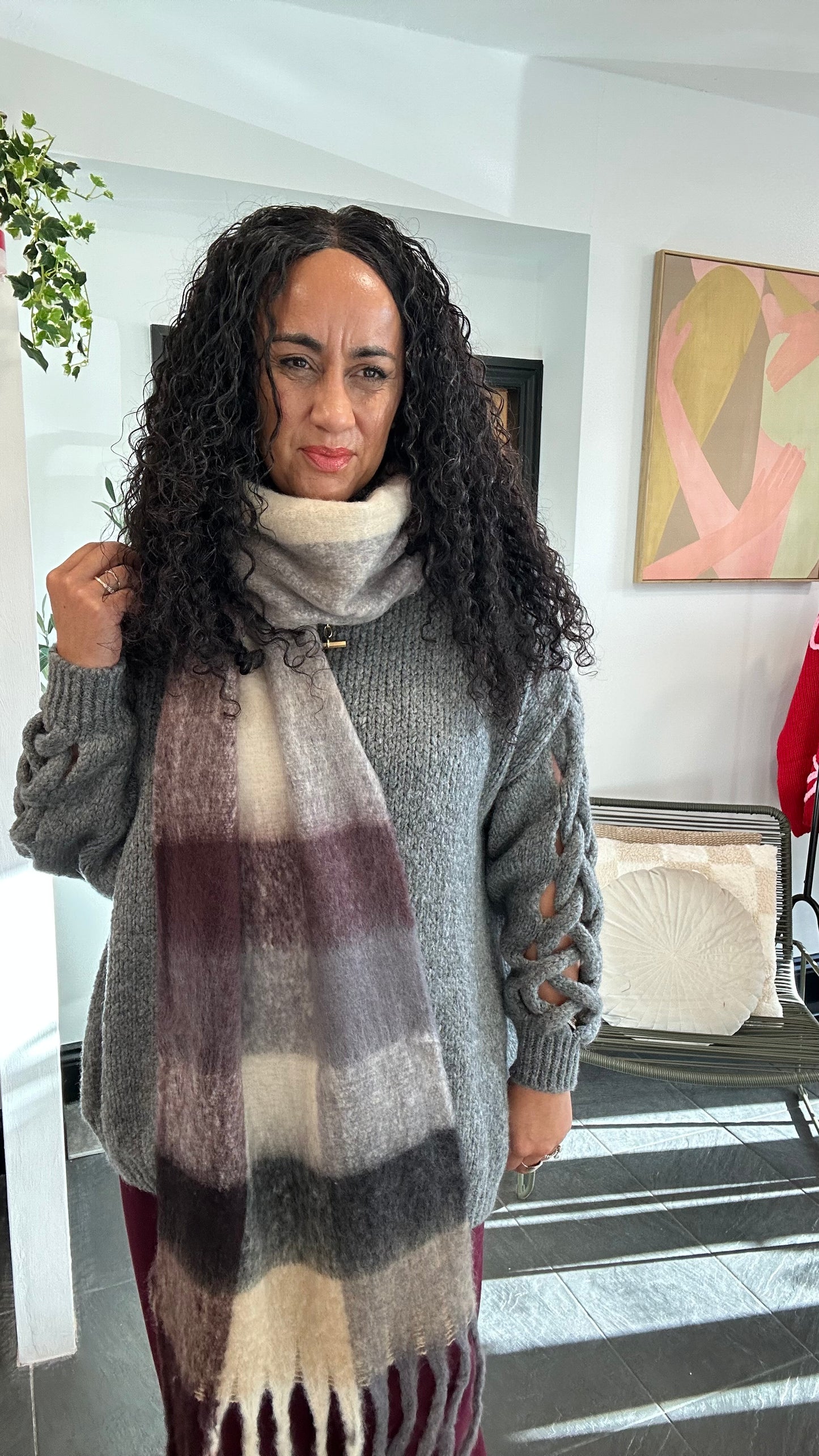 PLAID CHECK BLANKET SCARF PLUM *New