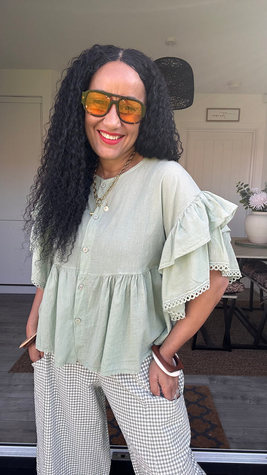 TAMSIN FRILL SLEEVED BLOUSE SAGE GREEN *New