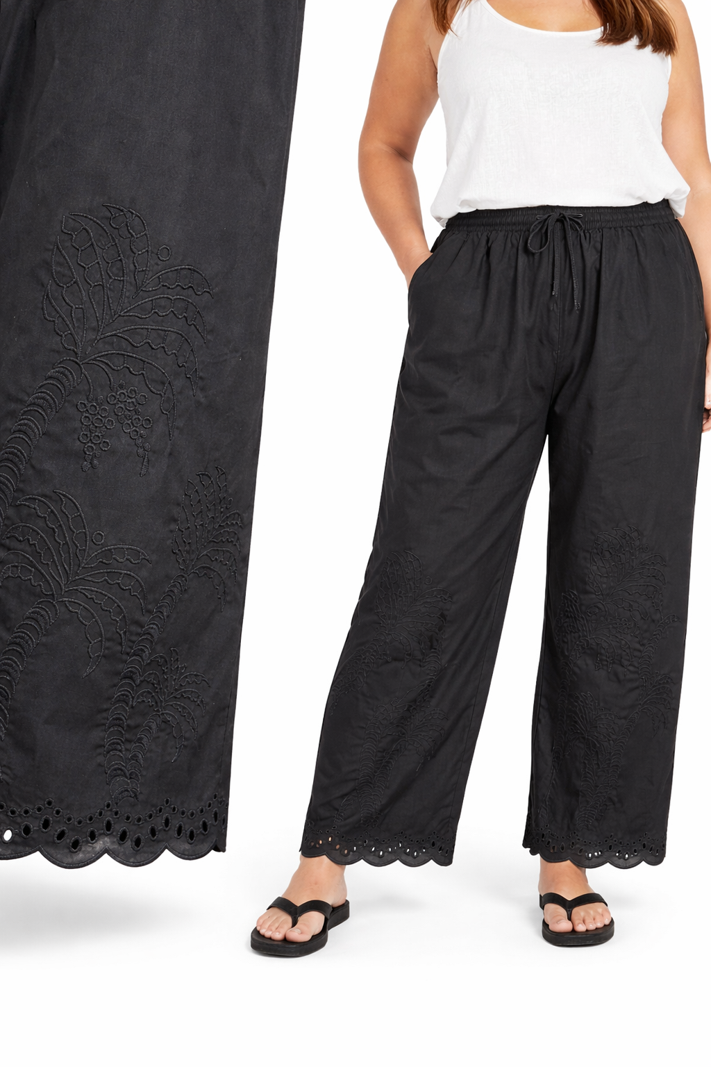 EMBROIDERED PALM WIDE LEG TROUSERS BLACK *New