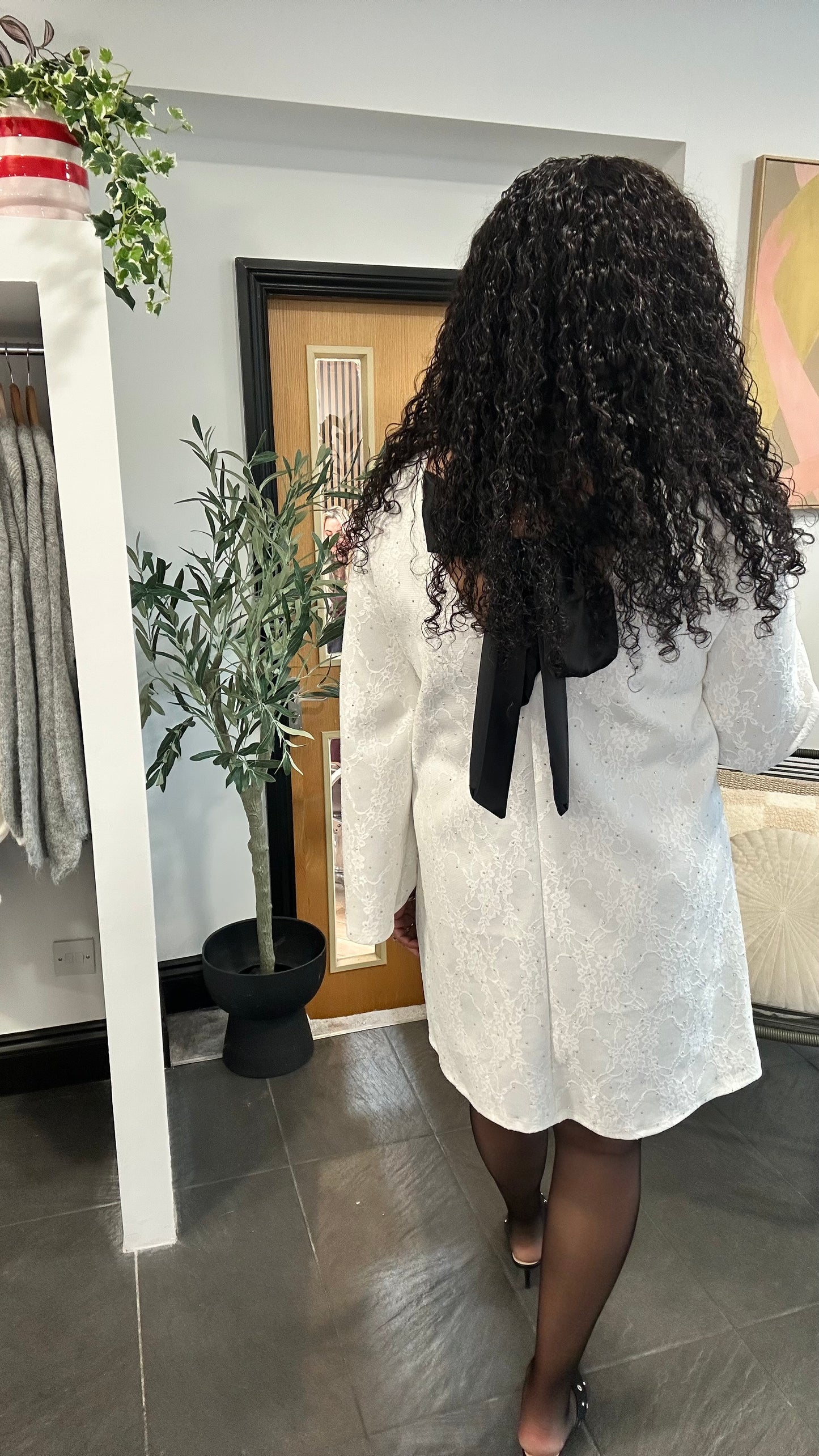 TERESA STUD DETAIL JACQUARD BOW BACK DRESS IVORY *NEW