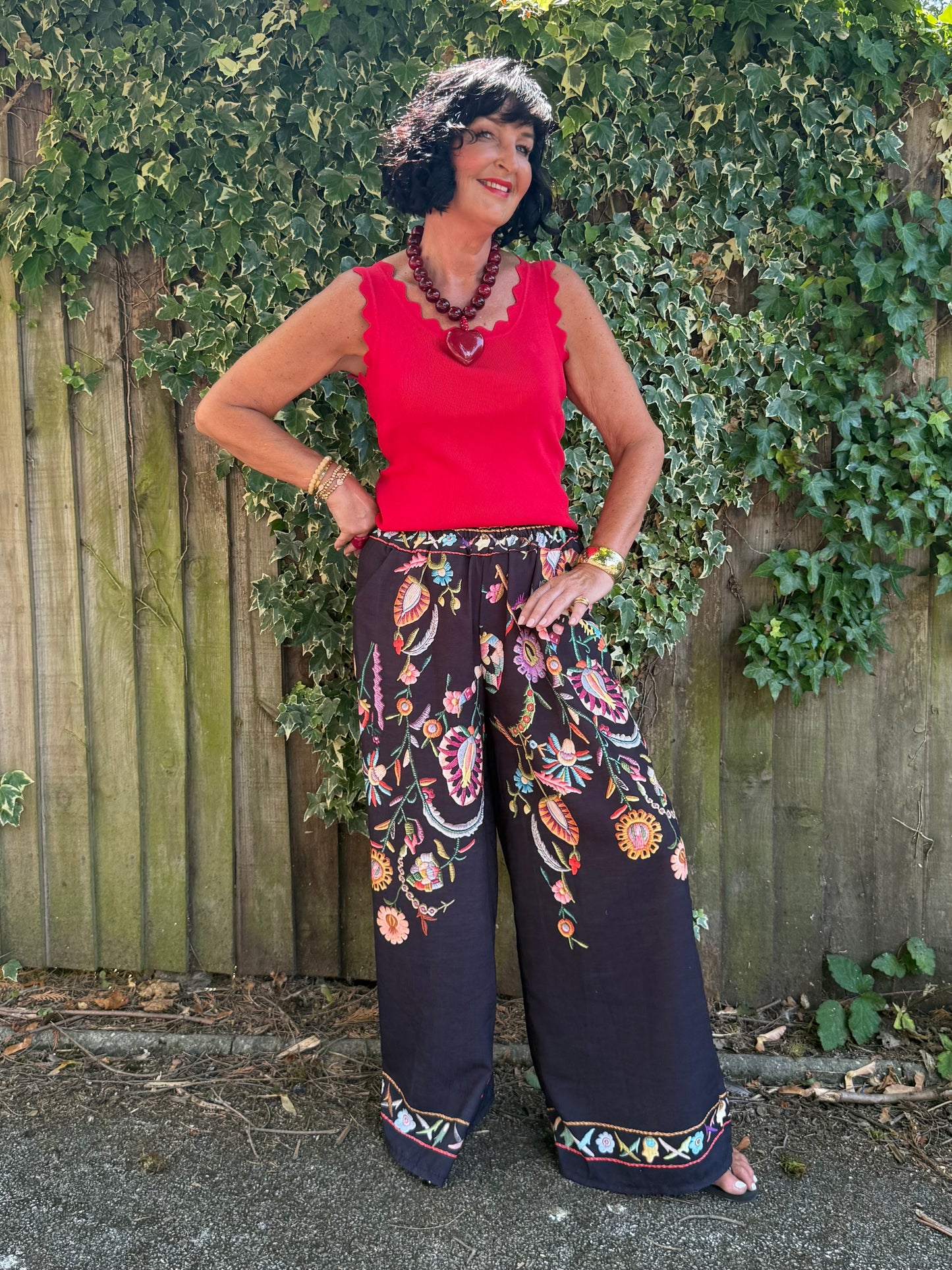 CLEO LASER EMBROIDERED FLORAL BOHO WIDE LEG TROUSERS BLACK *New