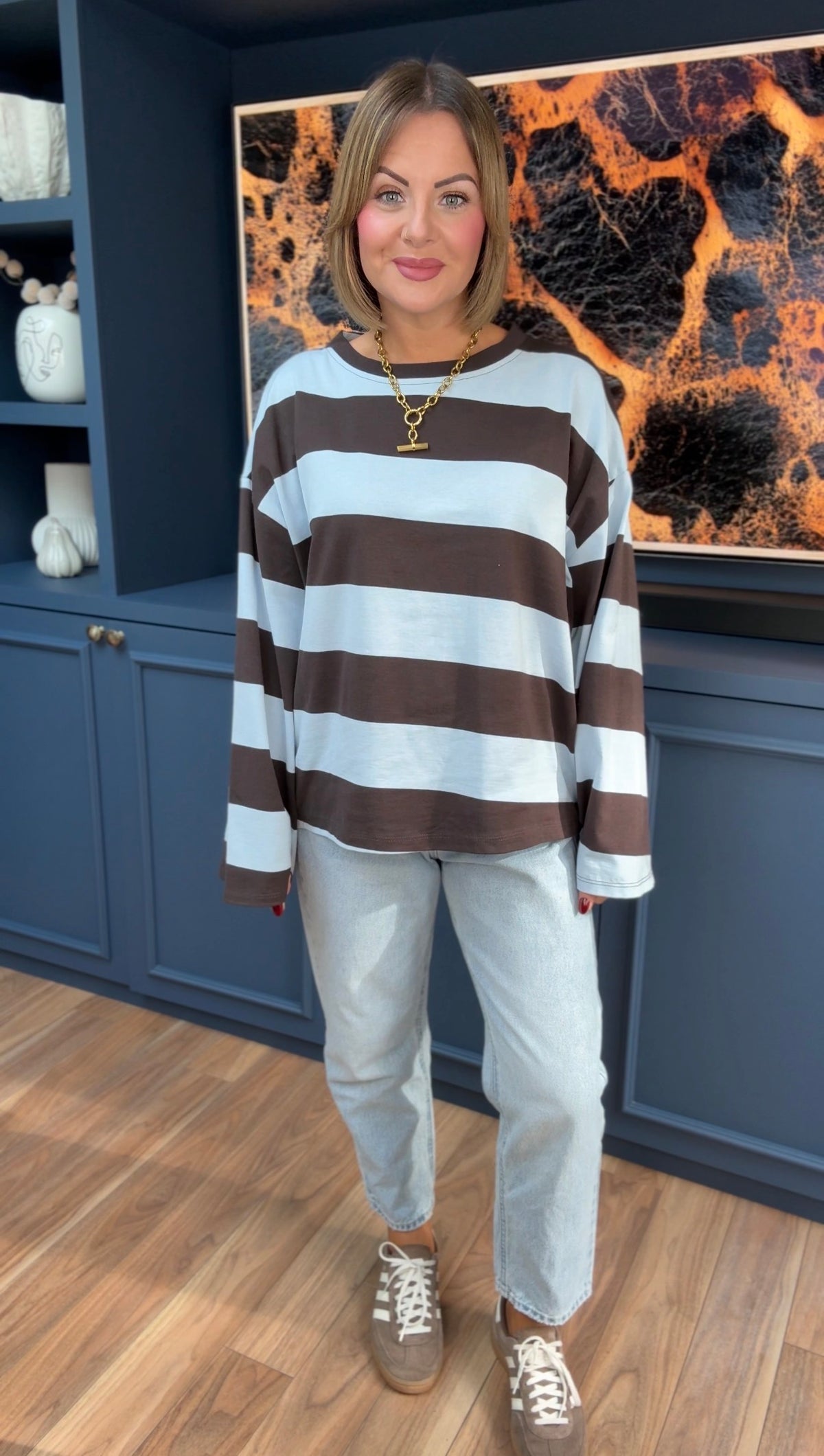 JERVIS WIDE STRIPE COTTON TOP POWDER BLUE & BROWN *New