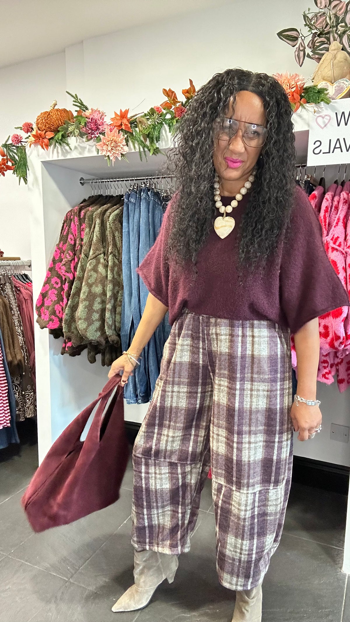 COSIMA PLAID TROUSERS PLUM *New