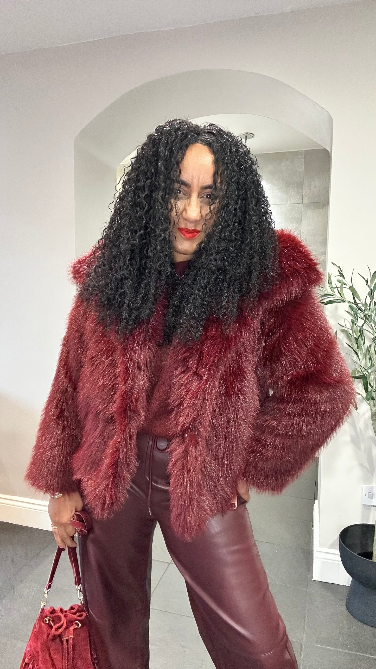 FREYA BURGUNDY FAUX FUR JACKET *New