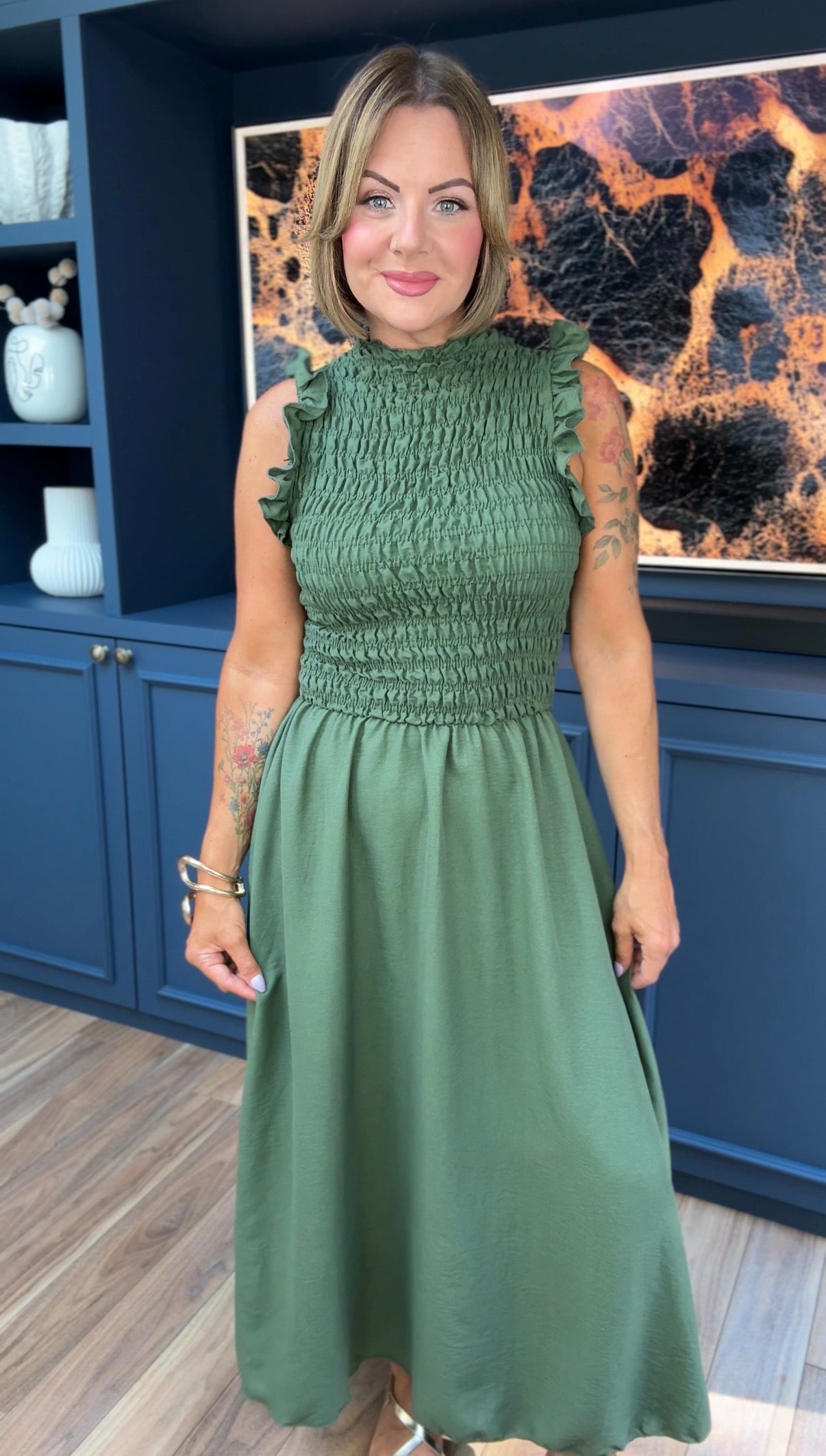 SINITA SHEARED BODICE MAXI DRESS KHAKI GREEN  *New