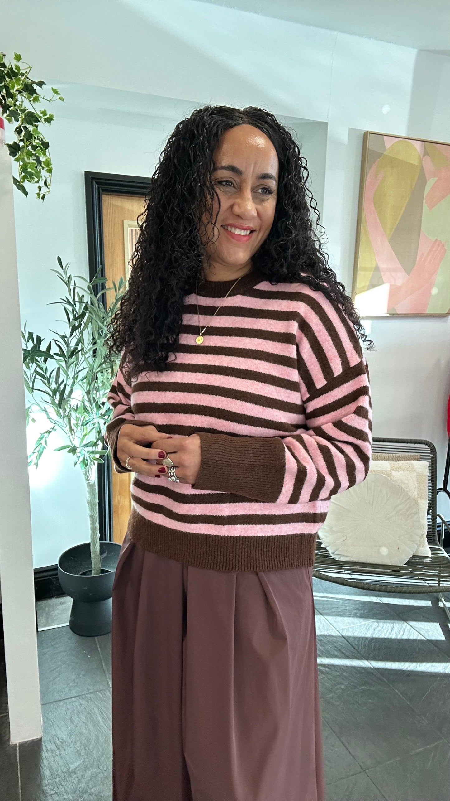 OWEN CHOCOLATE POWDER PINK STRIPED KNIT SWEATER *New