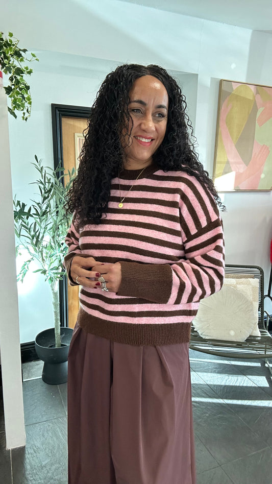 OWEN CHOCOLATE POWDER PINK STRIPED KNIT SWEATER *New