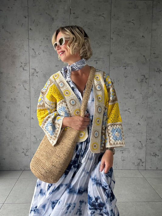KOKO SUNSHINE CROCHET CARDIGAN YELLOW & SKY BLUE *New