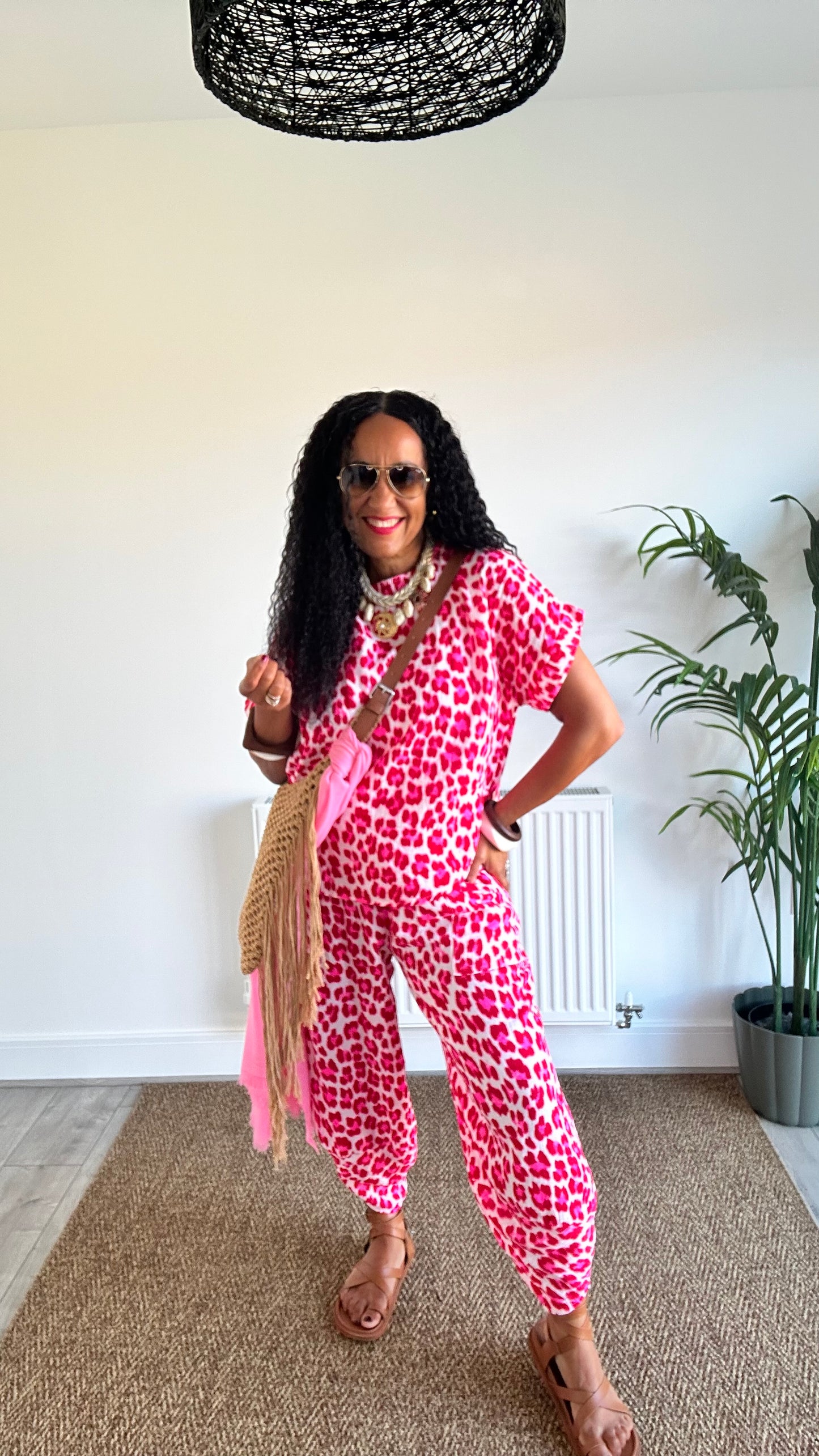 FRUITELLA LUXE LEOPARD BARREL LEG TROUSERS RED & PINK LEOPARD *New