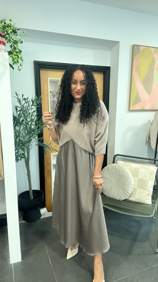 MABLE OPEN KNIT AND SATIN MAXI DRESS MOCHA *New
