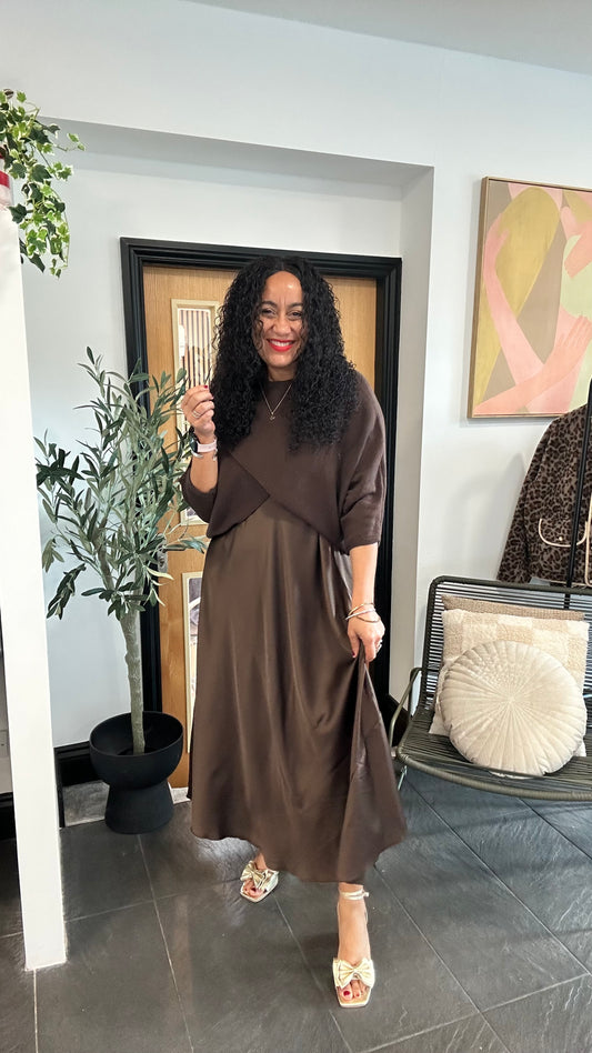 MABLE OPEN KNIT AND SATIN MAXI DRESS CHAMPAGNE *New