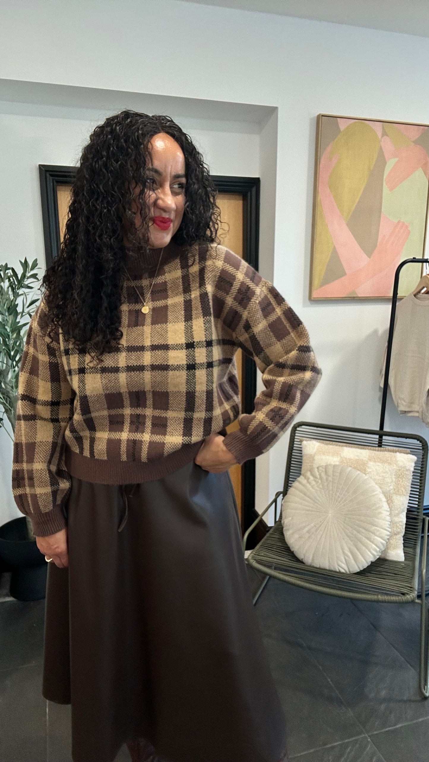 TESS PLAID KNIT SWEATER COFFEE BROWN *New