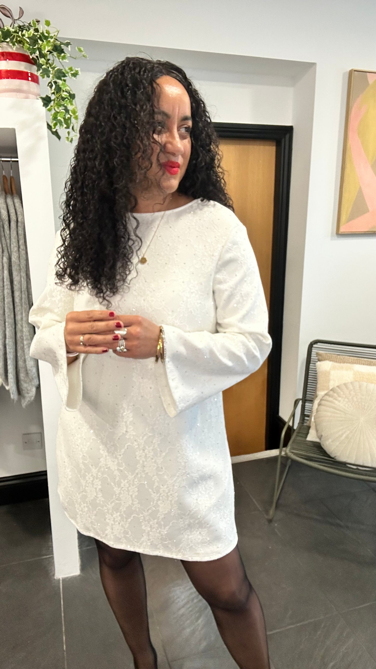 TERESA STUD DETAIL JACQUARD BOW BACK DRESS IVORY *NEW