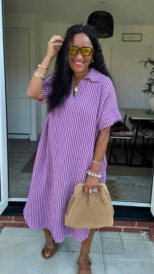 TAYO STRIPED TUNIC SHIRT DRESS PLUM *New
