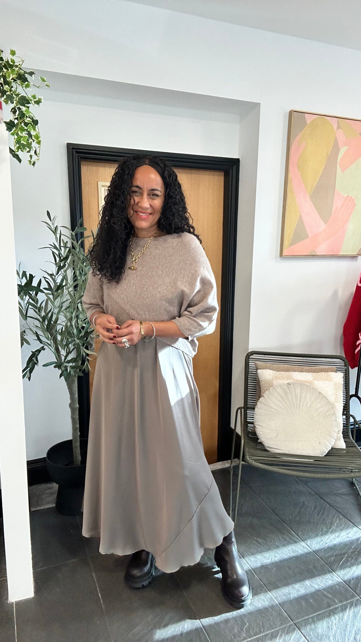 SALE MABLE OPEN KNIT AND SATIN MAXI DRESS MOCHA