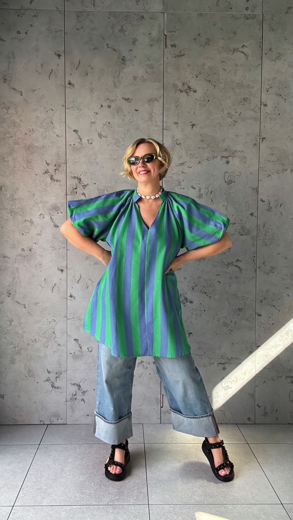 NESSA STRIPE SMOCK TOP / DRESS GREEN & BLUE *New