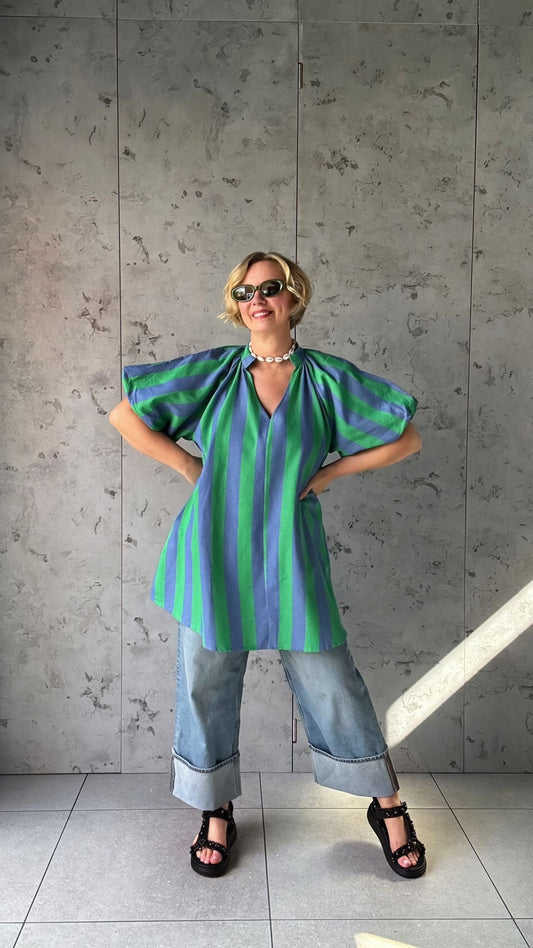 NESSA STRIPE SMOCK TOP / DRESS GREEN & BLUE *New