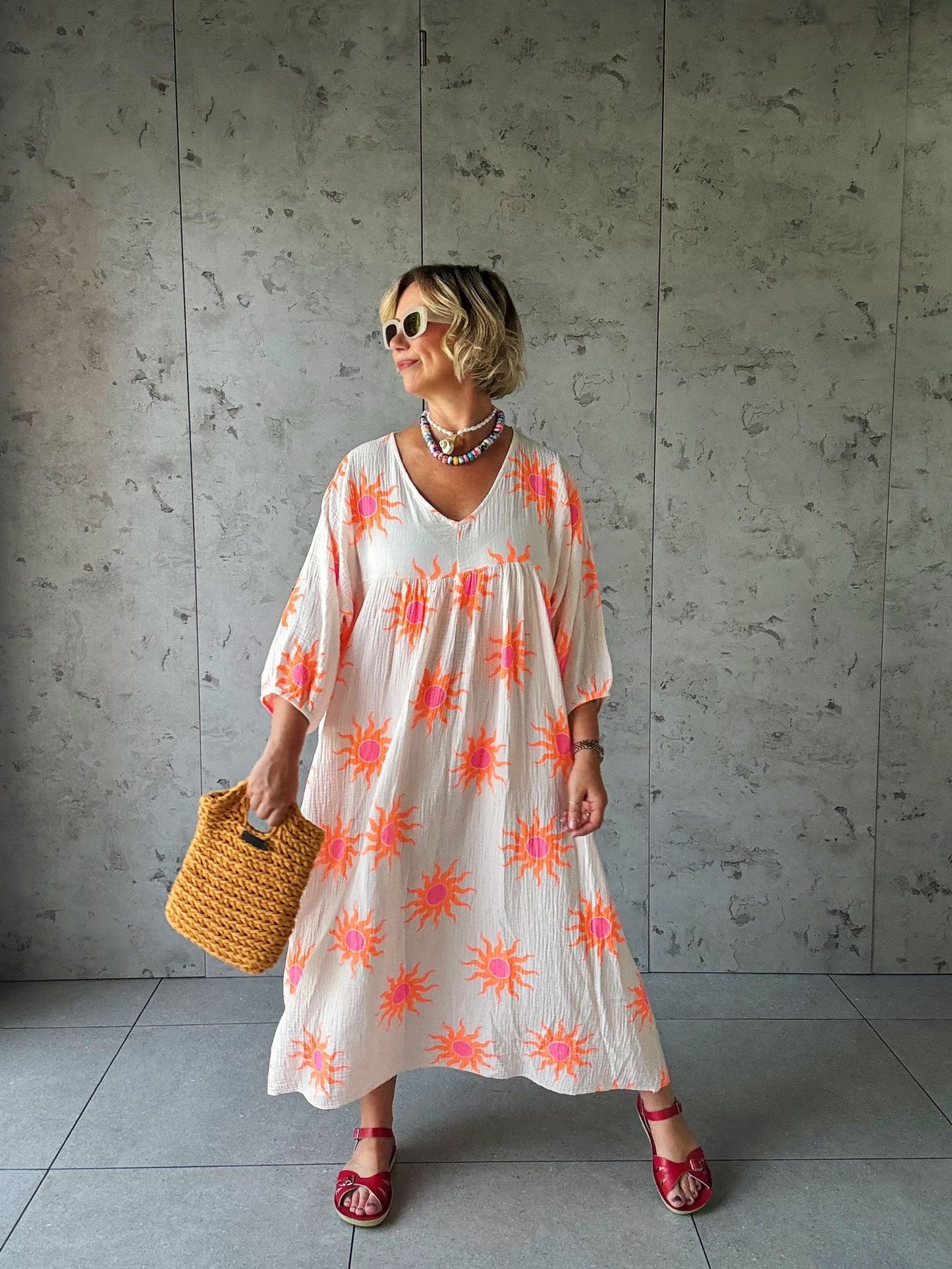 SALE SUNBURST SMOCK DRESS PINKY WHITE & ORANGE SUNBURST