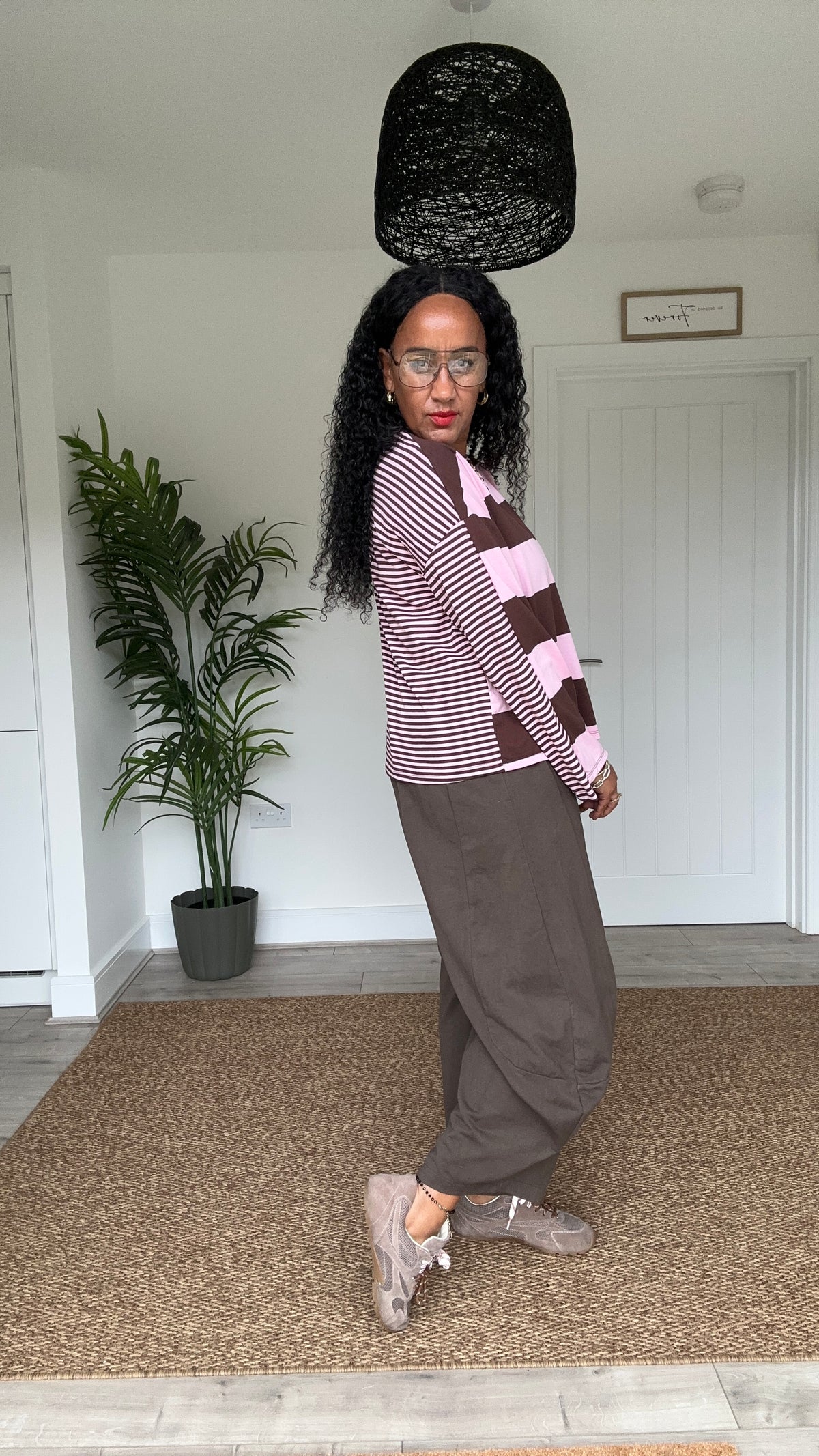 EIRA BLOCK STRIPE JERSEY TOP BROWN & PINK *New
