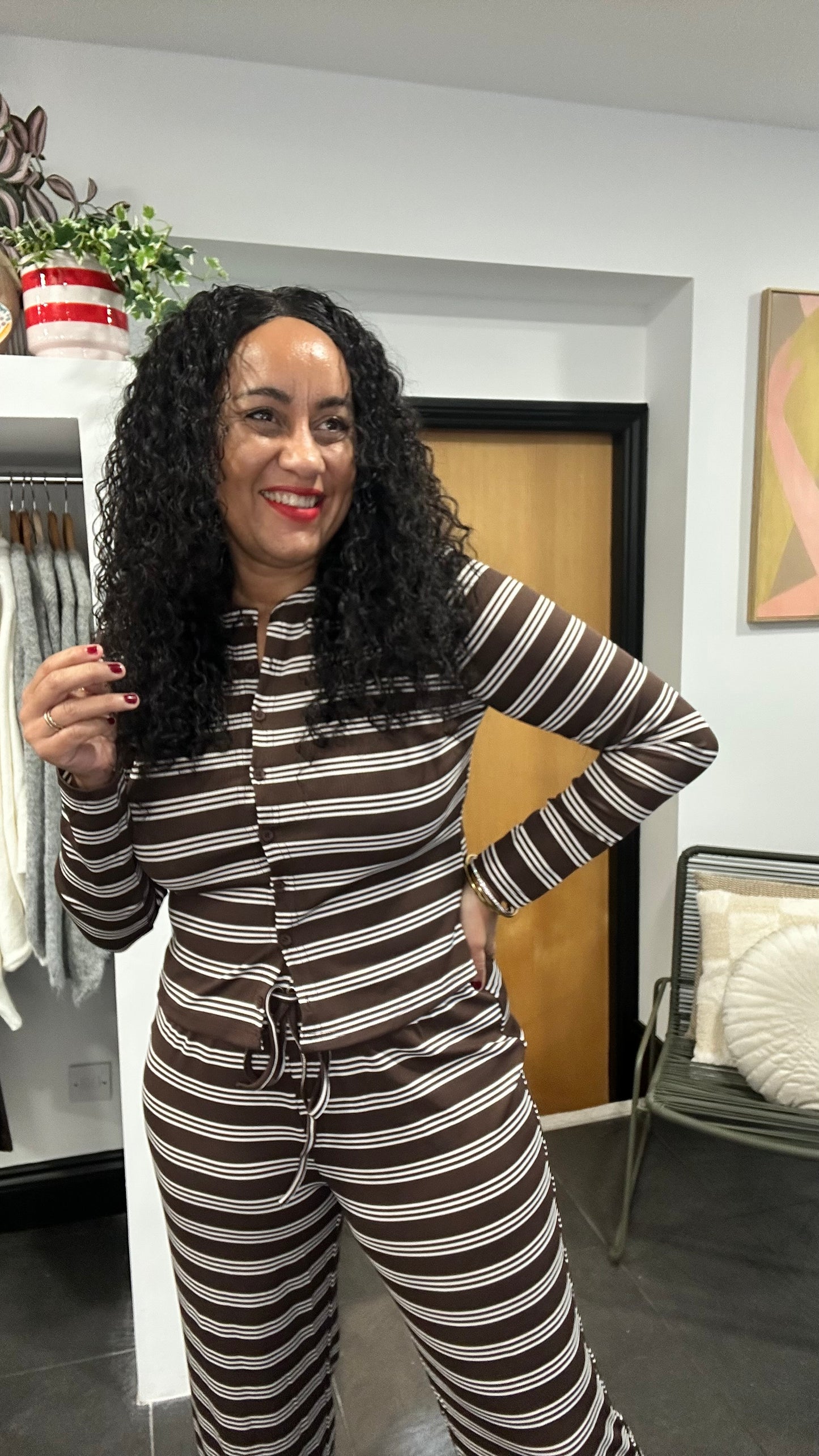 PALOMO STRIPED LOUNGEWEAR SET BROWN *New