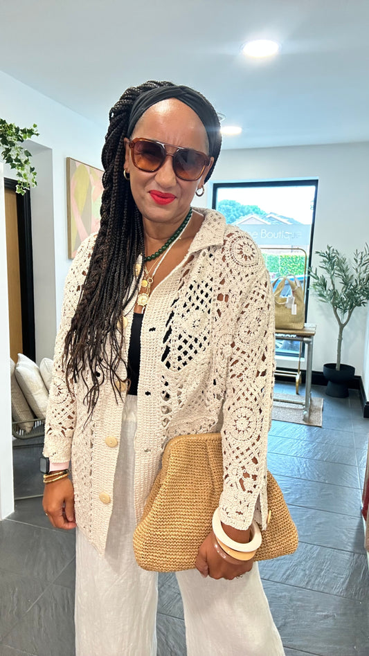 SANTORINI CROCHET 3/4 CARDIGAN IVORY *New
