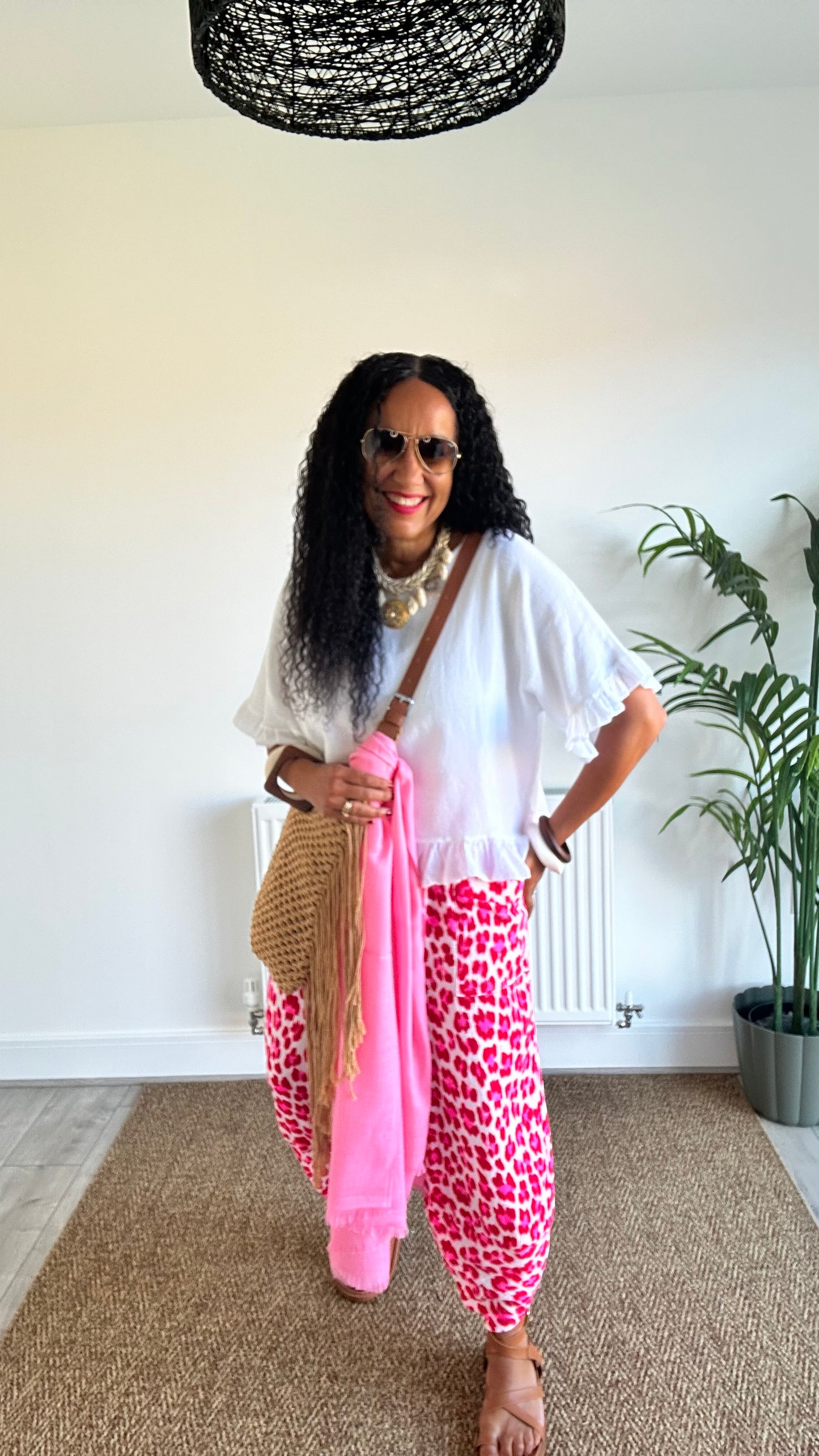 FRUITELLA LUXE LEOPARD BARREL LEG TROUSERS RED & PINK LEOPARD *New